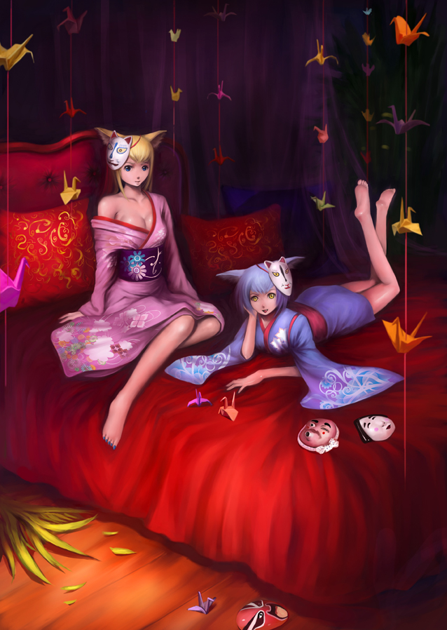 vinci, gyokuyou, tenko kuugen, wagaya no oinari-sama, bad id, bad pixiv id, 00s, 2girls, animal ears, barefoot, bed, blonde hair, blue eyes, blue hair, blue kimono, feet, fox ears, japanese clothes, kimono, legs, mask, multiple girls, origami, paper crane, pillow, pink kimono, print kimono, short kimono, short yukata, yellow eyes, yukata