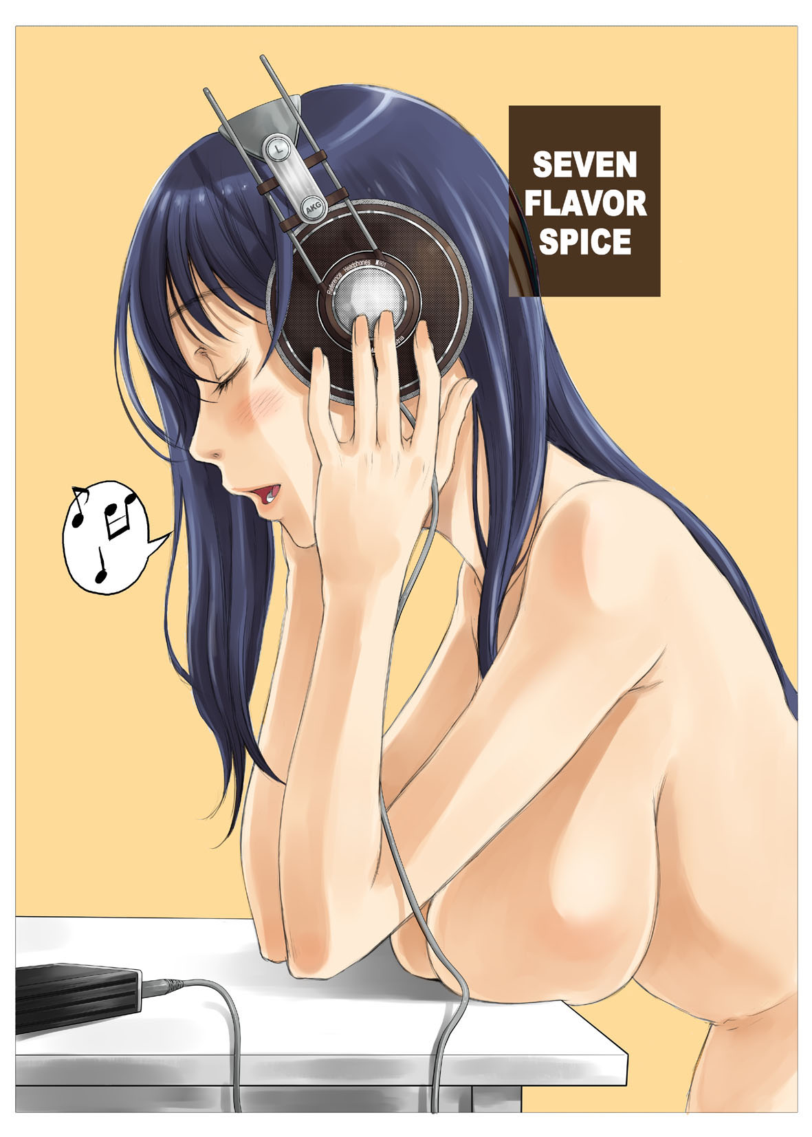 kuboshun, akg, original, highres, 1girl, akg k-series headphones, artistic error, blue hair, blush, breast rest, breasts, closed eyes, female focus, hands on headphones, headphones, huge breasts, large breasts, listening to music, long hair, mp3 player, musical note, nude, quaver, solo, speech bubble, spoken musical note