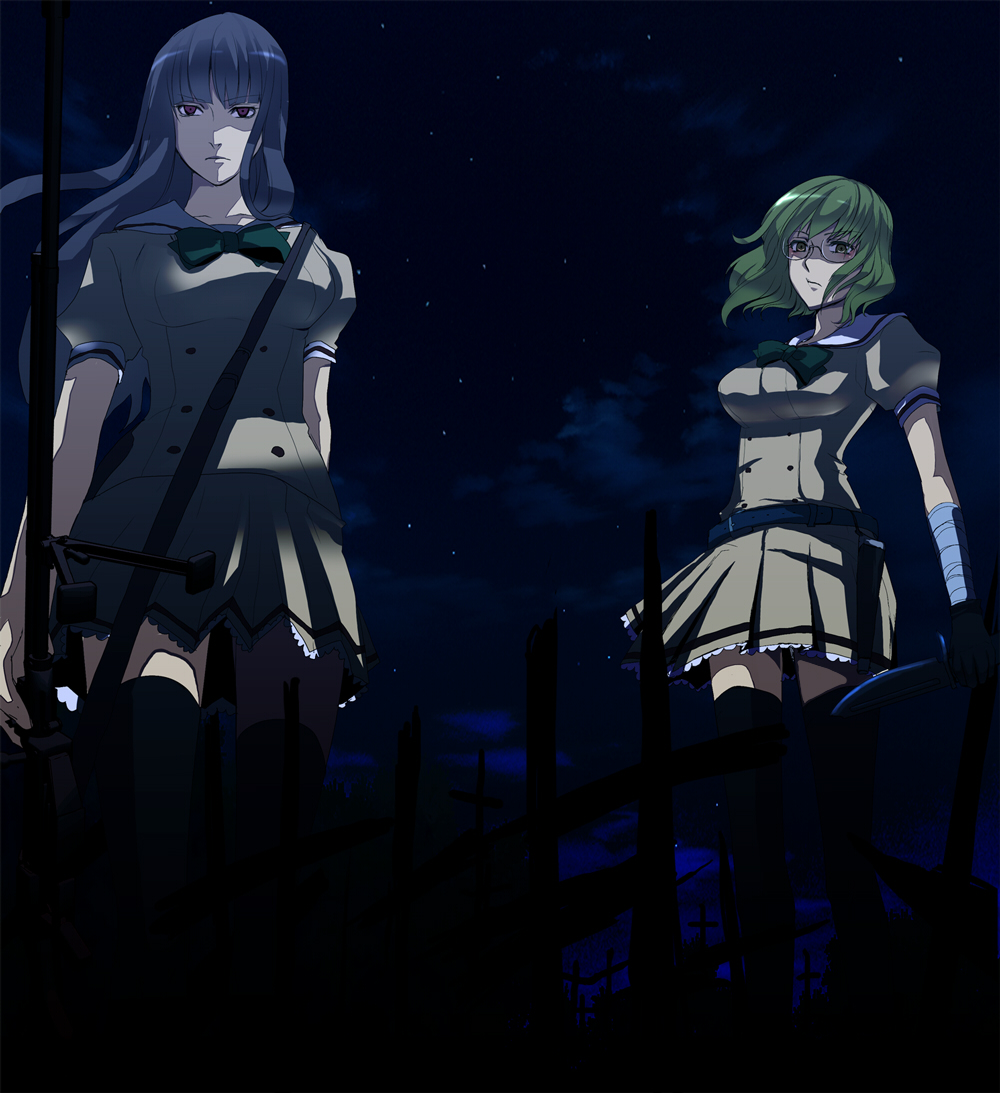 nicole pmonachi, pixivchanbara, 2girls, bandages, blue hair, glasses, green hair, gun, knife, multiple girls, red eyes, rifle, skirt, thighhighs, weapon, wind, yellow eyes