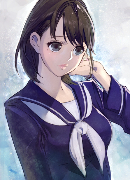 harunoichi, sizuoka, anegasaki nene, love plus, 1girl, brown hair, female focus, hand in own hair, mole, mole under eye, school uniform, serafuku, short hair, solo