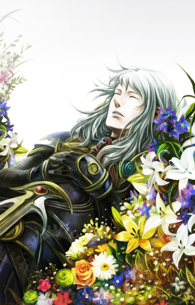 ujuju, warrior of light (ff1), dissidia final fantasy, final fantasy, final fantasy i, highres, 1boy, armor, baby's-breath, closed eyes, daisy (flower), flower, green flower, lily (flower), long hair, male focus, orange flower, orange rose, rose, sleeping, solo, sword, weapon, white hair