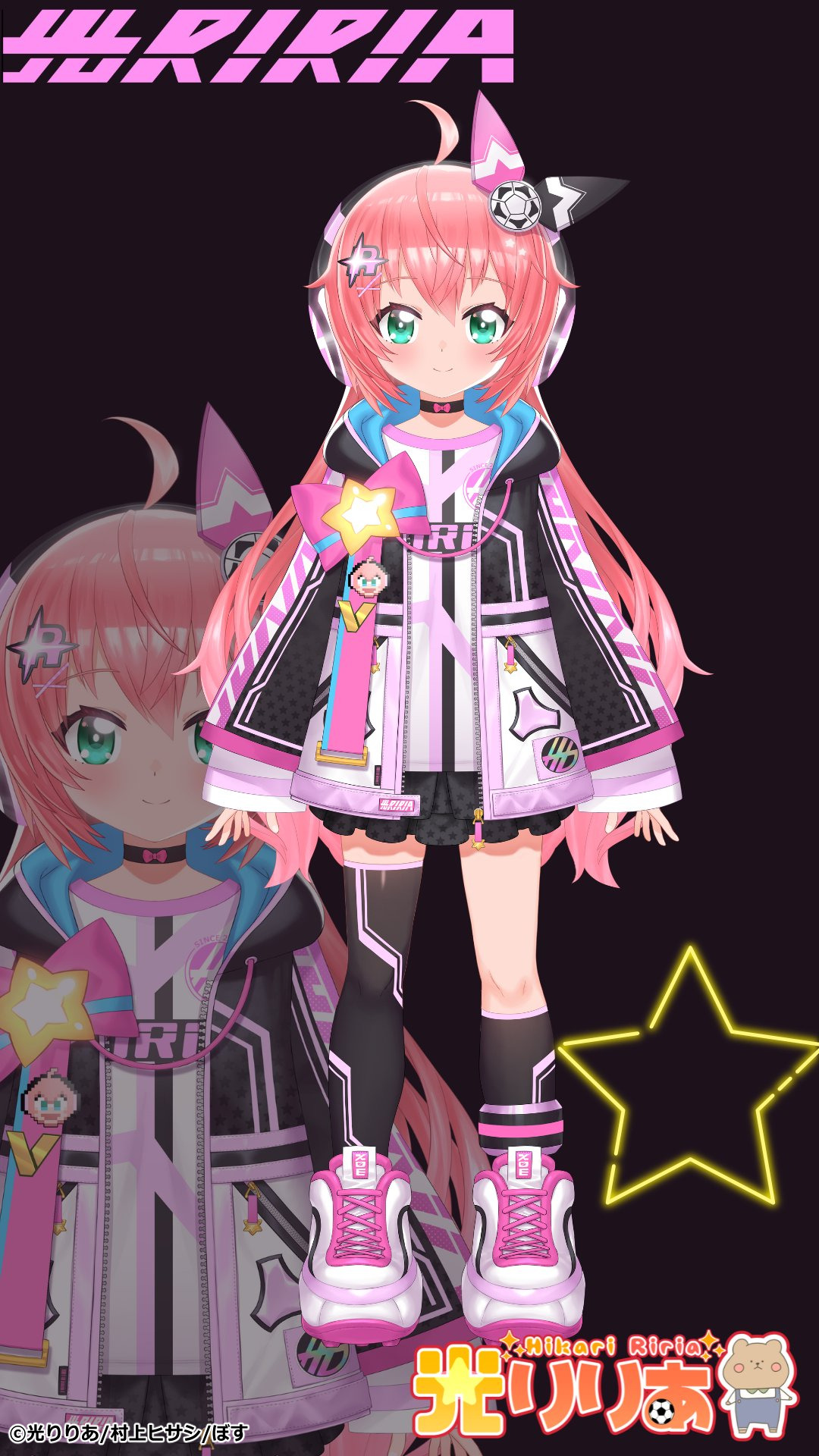 murakami hisashi, indie virtual youtuber, highres, official art, 1girl, ahoge, aqua eyes, aqua jacket, black choker, black jacket, black shirt, black skirt, black socks, bow, character name, choker, closed mouth, copyright notice, hair between eyes, hair bow, hair ornament, headphones, hikari riria, jacket, jacket bow, kneehighs, logo, long hair, multicolored jacket, multicolored shirt, multicolored shoes, multicolored socks, multicolored thighhighs, open clothes, open jacket, pink bow, pink hair, pink jacket, pink shirt, pink shoes, pink socks, print shirt, shirt, shoes, single kneehigh, single sock, single thighhigh, skirt, socks, solo, star (symbol), thighhighs, virtual youtuber, white jacket, white shirt, white shoes