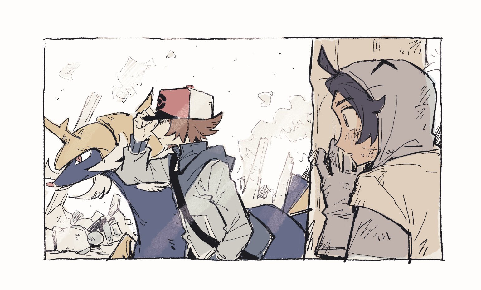 desegnajo649, hilbert (pokemon), paxton (pokemon), samurott, nintendo, pokemon, pokemon bw, 2boys, backwards hat, baseball cap, blue jacket, gen 5 pokemon, hat, jacket, male focus, multiple boys, pokemon (creature), team plasma, zipper pull tab