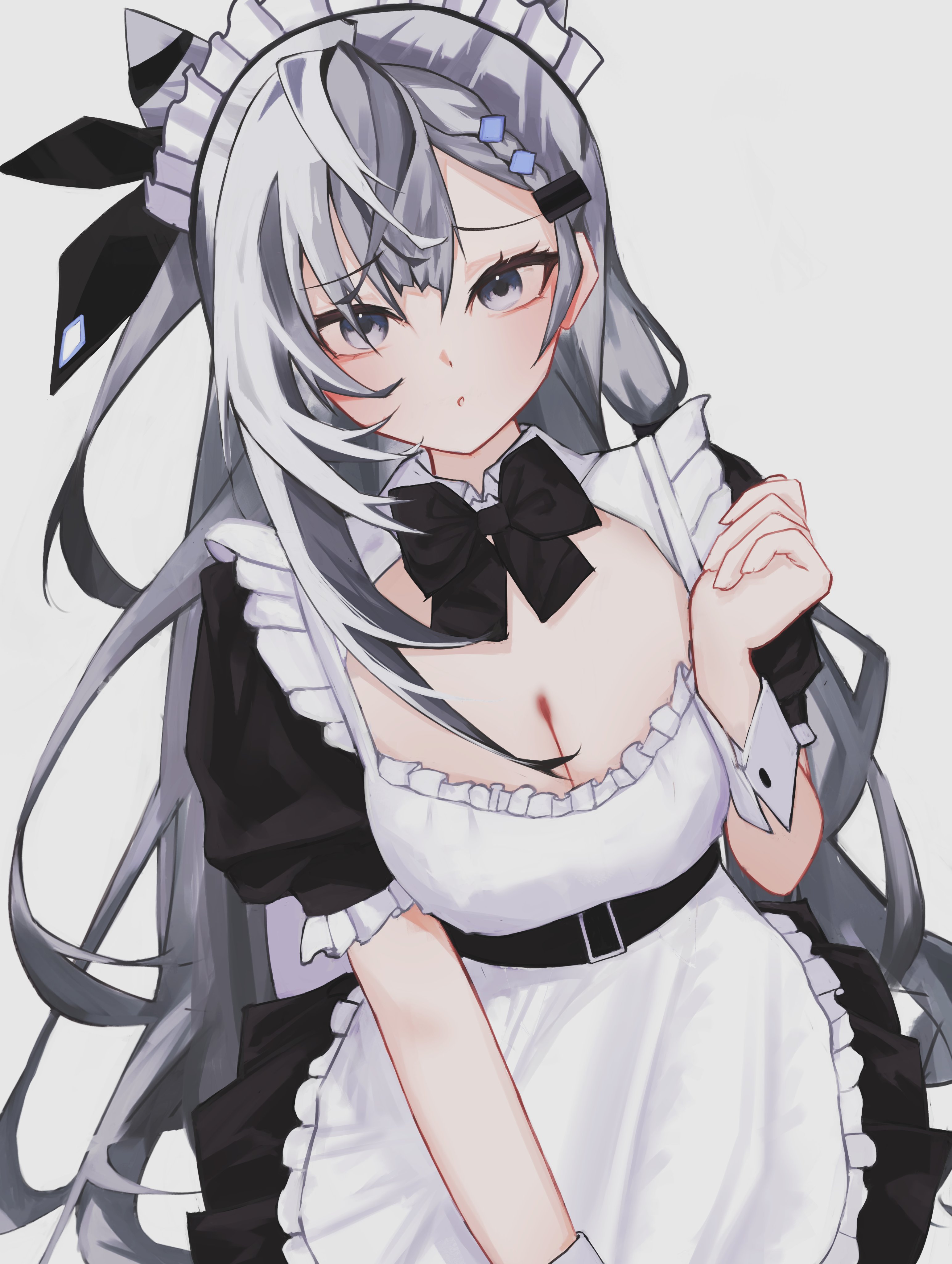 saltdcrmell, vestia zeta, hololive, hololive indonesia, absurdres, commentary, highres, symbol-only commentary, 1girl, :o, alternate costume, apron, belt, black belt, black bow, black bowtie, black dress, bow, bowtie, braid, braided bangs, breasts, cleavage, cone hair bun, dress, dutch angle, enmaided, frilled apron, frills, furrowed brow, grey eyes, grey hair, hair between eyes, hair bun, hair ornament, hairclip, hand up, large breasts, long hair, looking at viewer, maid, maid apron, maid headdress, parted lips, puffy short sleeves, puffy sleeves, short sleeves, simple background, solo, upper body, very long hair, virtual youtuber, white apron, white background, white wrist cuffs, wrist cuffs