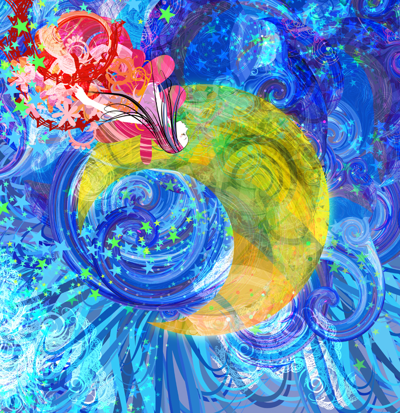 kazaana, original, 1girl, abstract, closed eyes, crescent moon, female focus, moon, psychedelic, solo