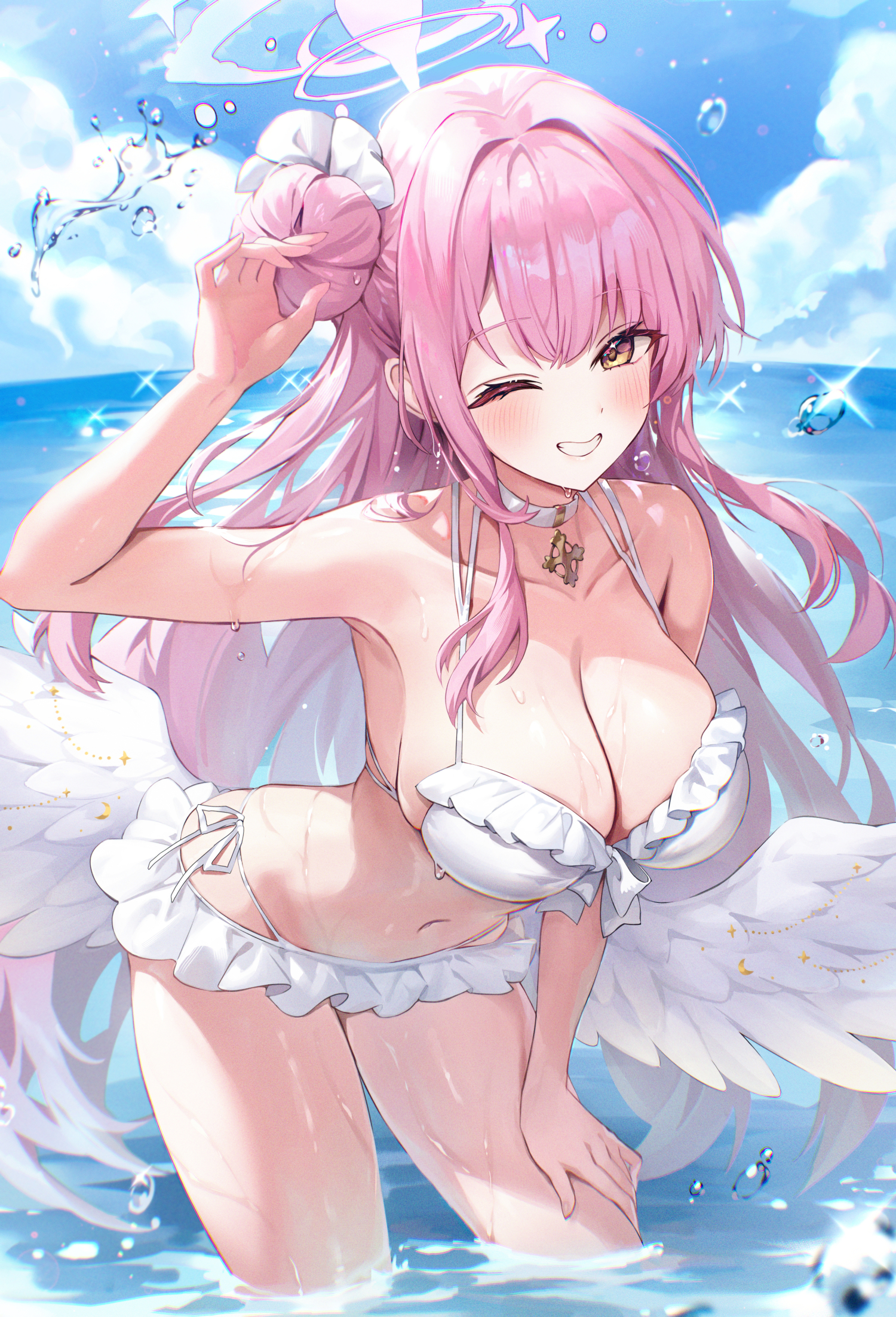 mika (blue archive), mika (swimsuit) (blue archive), blue archive, commentary, highres, 1girl, angel wings, beach, bikini, blush, breasts, cano852, cleavage, collarbone, feathered wings, frilled bikini, frills, halo, hand on own thigh, large breasts, leaning forward, long hair, looking at viewer, low wings, official alternate costume, official alternate hairstyle, one eye closed, pink hair, pink halo, smile, solo, sweat, swimsuit, teeth, very long hair, water, wet, white bikini, white wings, wings, yellow eyes