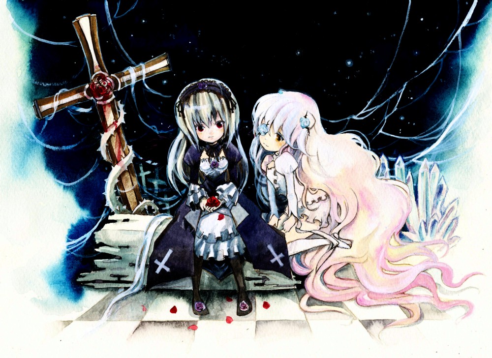 tetuankyo, kirakishou, suigintou, rozen maiden, painting (medium), traditional media, watercolor (medium), 00s, cross, crystal, dress, eyepatch, flower, hairband, long hair, rose, thorns, very long hair, white hair