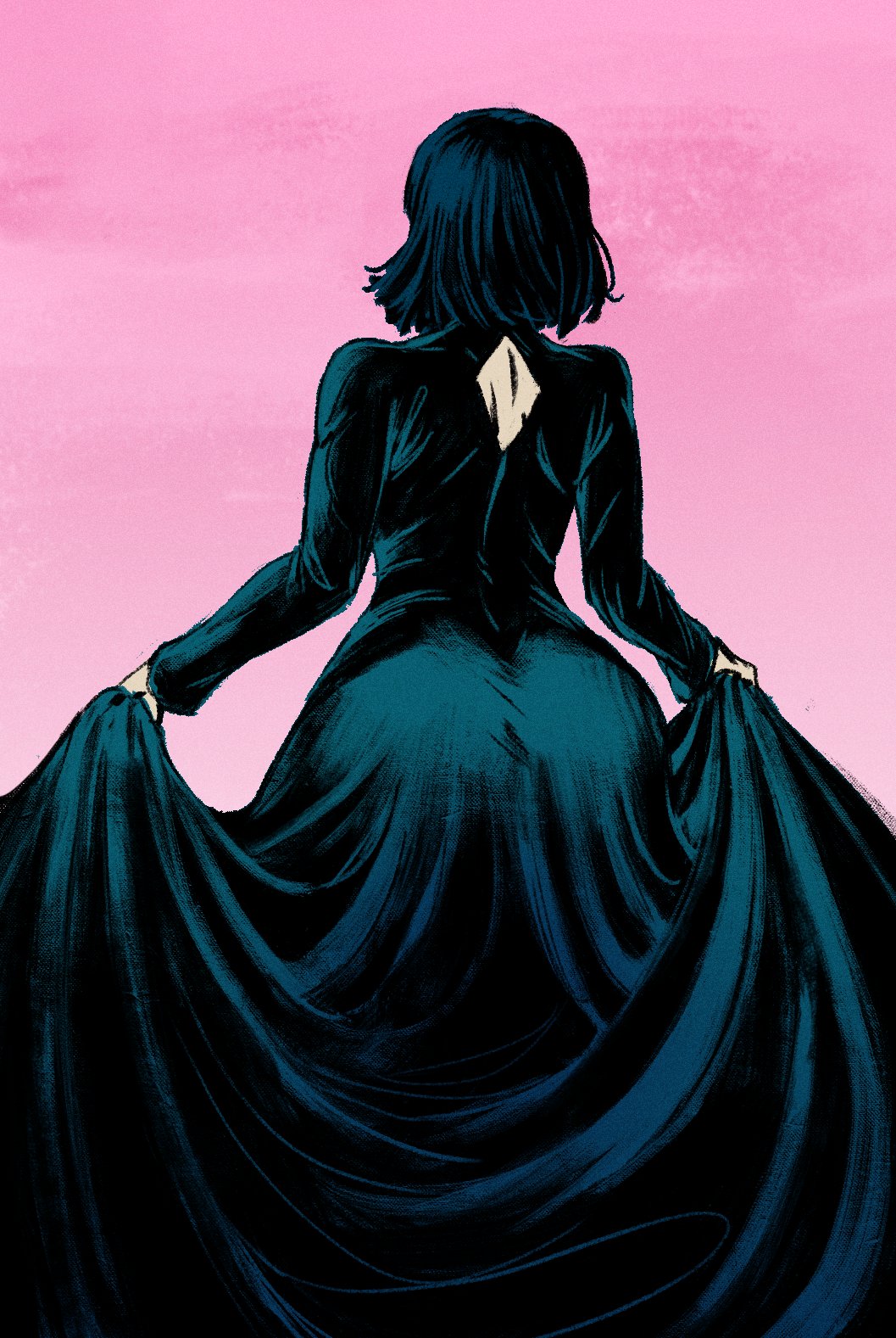 redblacktac, fubuki (one-punch man), one-punch man, highres, 1girl, ass, back cutout, clothes lift, clothing cutout, dress, dress lift, from behind, green dress, green hair, long dress, solo
