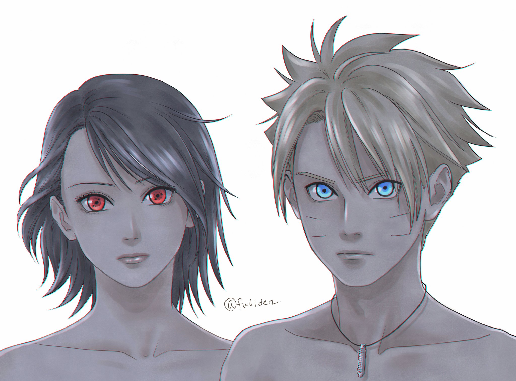 matsu (fu6ide2), uchiha sarada, uzumaki boruto, boruto: naruto next generations, naruto (series), commentary, highres, symbol-only commentary, 1boy, 1girl, bare shoulders, black hair, blonde hair, blue eyes, collarbone, expressionless, facial mark, jewelry, medium hair, necklace, red eyes, sharingan, twitter username, whisker markings