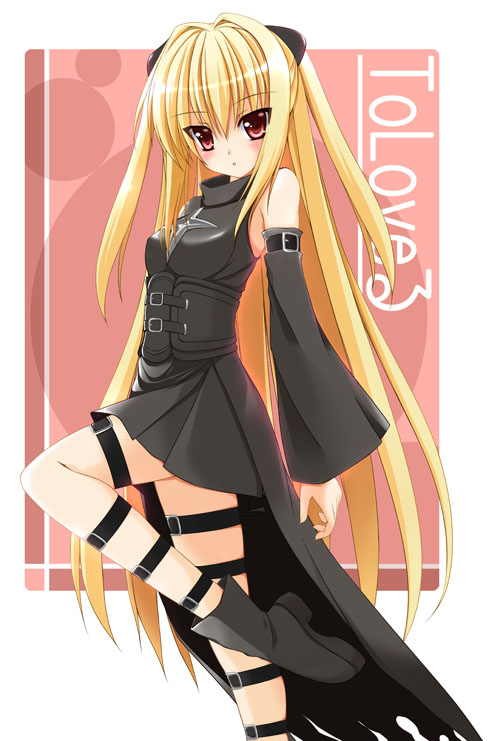 tomosuke, konjiki no yami, to love-ru, 00s, 1girl, blonde hair, corset, detached sleeves, dress, female focus, long hair, red eyes, solo, thigh strap, very long hair