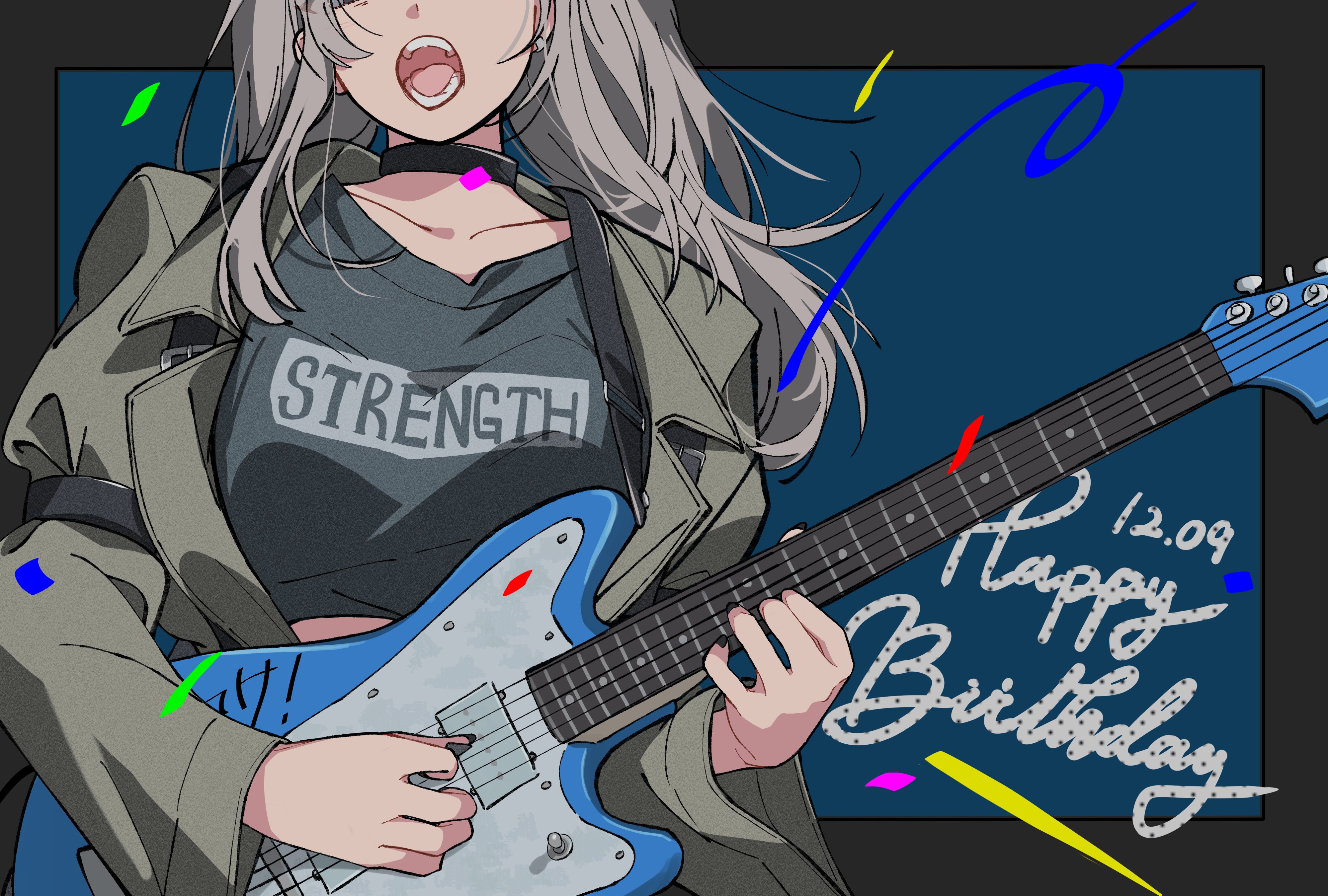 kuji (orca9ji), kawaragi momoka, girls band cry, absurdres, commentary, highres, 1girl, black nails, black shirt, blue background, coat, confetti, dated, electric guitar, fender jazzmaster, grey coat, grey hair, guitar, guitar strap, happy birthday, head out of frame, holding, holding plectrum, instrument, music, nail polish, open clothes, open coat, open mouth, playing guitar, playing instrument, plectrum, shirt, solo, teeth