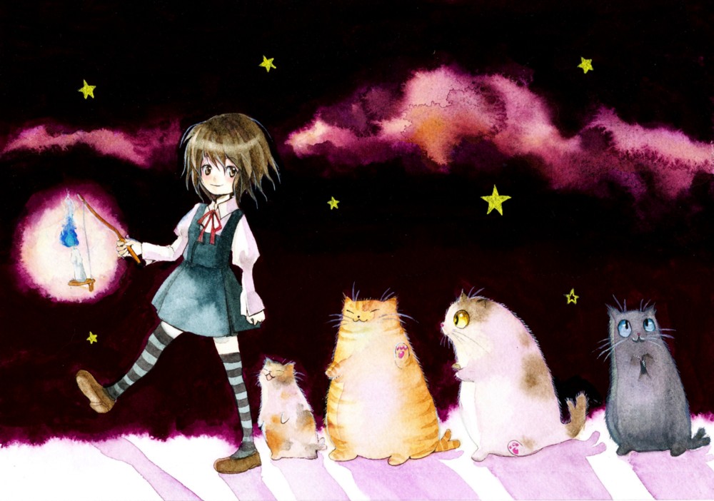 tetuankyo, original, painting (medium), traditional media, watercolor (medium), candle, cat, child, dress, solo, striped clothes, striped thighhighs, thighhighs, walking