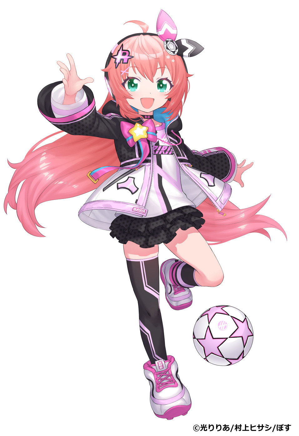 murakami hisashi, indie virtual youtuber, highres, official art, 1girl, ahoge, aqua eyes, aqua jacket, ball, black choker, black jacket, black shirt, black skirt, black socks, bow, choker, copyright notice, hair between eyes, hair bow, hair ornament, headphones, hikari riria, jacket, jacket bow, kneehighs, long hair, multicolored jacket, multicolored shirt, multicolored shoes, multicolored socks, multicolored thighhighs, open clothes, open jacket, open mouth, pink bow, pink hair, pink jacket, pink shirt, pink shoes, pink socks, print shirt, shirt, shoes, single kneehigh, single sock, single thighhigh, skirt, soccer ball, socks, solo, standing, standing on one leg, star (symbol), thighhighs, virtual youtuber, white background, white jacket, white shirt, white shoes