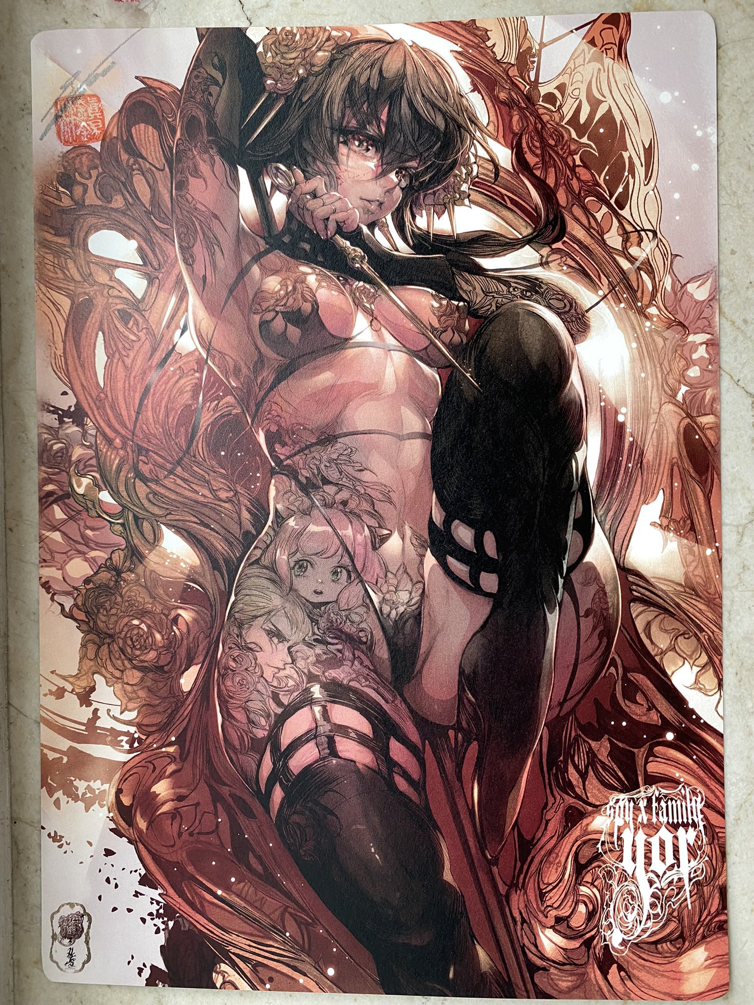 parkjinsuky, anya (spy x family), twilight (spy x family), yor briar, spy x family, highres, photo (medium), traditional media, 1girl, arm up, armpits, bikini, black bikini, black boots, black hair, boots, breasts, character tattoo, covered erect nipples, cowboy shot, double-parted bangs, hair between eyes, high heel boots, high heels, highleg, highleg bikini, holding, holding weapon, knee up, leg tattoo, long hair, looking at viewer, medium breasts, micro bikini, parted lips, red eyes, solo, swimsuit, tattoo, weapon