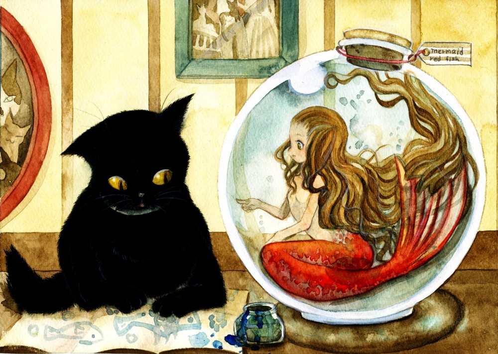 tetuankyo, original, painting (medium), traditional media, watercolor (medium), 1girl, aquarium, black cat, bottle, brown hair, cat, completely nude, cork, english text, flat chest, floating hair, in container, inkwell, kneeling, long hair, looking at another, mermaid, mini person, minigirl, monster girl, nude, painting (object), photo (object), pointing, profile, sideways mouth, tag, very long hair