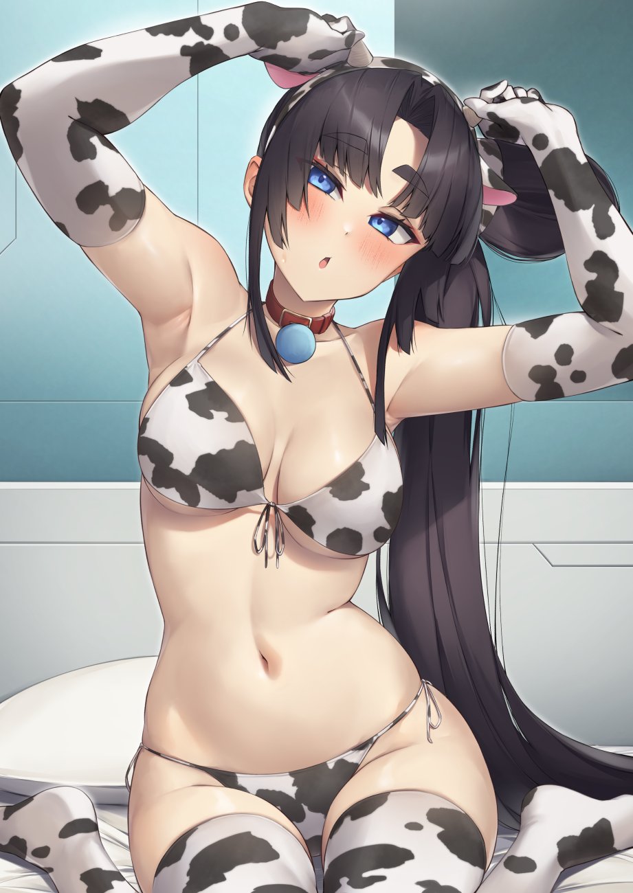 pinta (ayashii bochi), ushiwakamaru (fate), fate/grand order, fate (series), commentary request, highres, 1girl, alternate breast size (larger), alternate costume, animal ears, animal print, armpits, bell, bikini, black hair, blue eyes, blush, breasts, collar, cow ears, cow print, cow print bikini, elbow gloves, gloves, large breasts, long hair, looking at viewer, navel, neck bell, on bed, ponytail, print bikini, side-tie bikini bottom, sitting, skindentation, solo, stomach, sweatdrop, swimsuit, thick eyebrows, thick thighs, thighhighs, thighs, very long hair, wariza