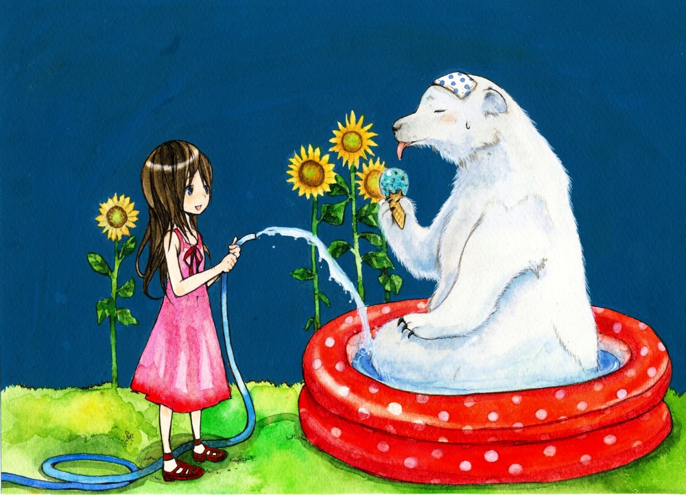 tetuankyo, original, painting (medium), traditional media, watercolor (medium), 1girl, bear, brown hair, child, dress, flower, food, hose, ice cream, long hair, polar bear, pool, sunflower, wading pool