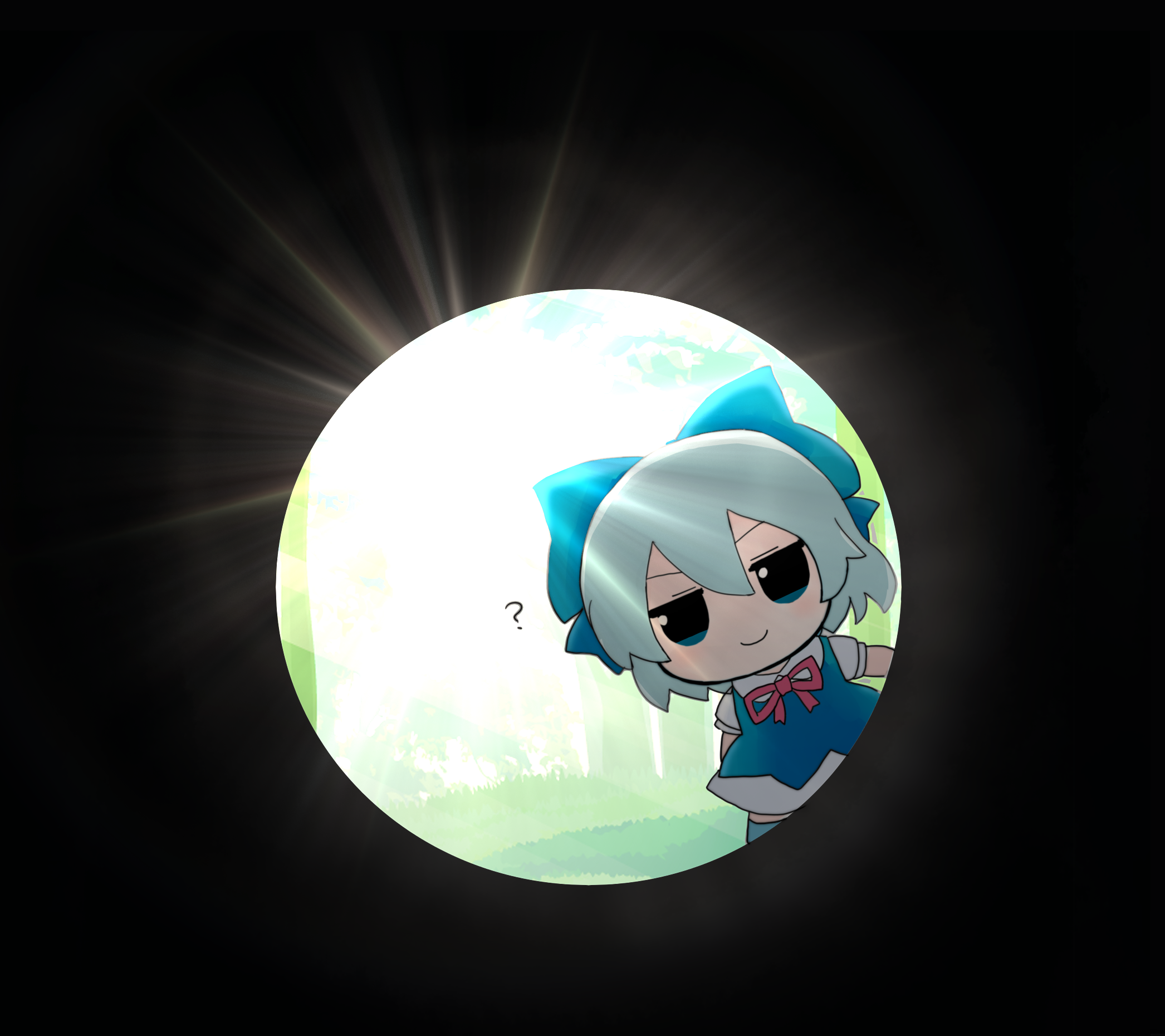 azuma meri, cirno, touhou, highres, 1girl, ?, blue dress, blue eyes, blue hair, blue ribbon, blue shoes, chibi, chibi only, closed mouth, dress, fumo (doll), hair between eyes, hair ribbon, looking at viewer, neck ribbon, red ribbon, ribbon, shoes, short hair, short sleeves, smile, solo, warp pipe