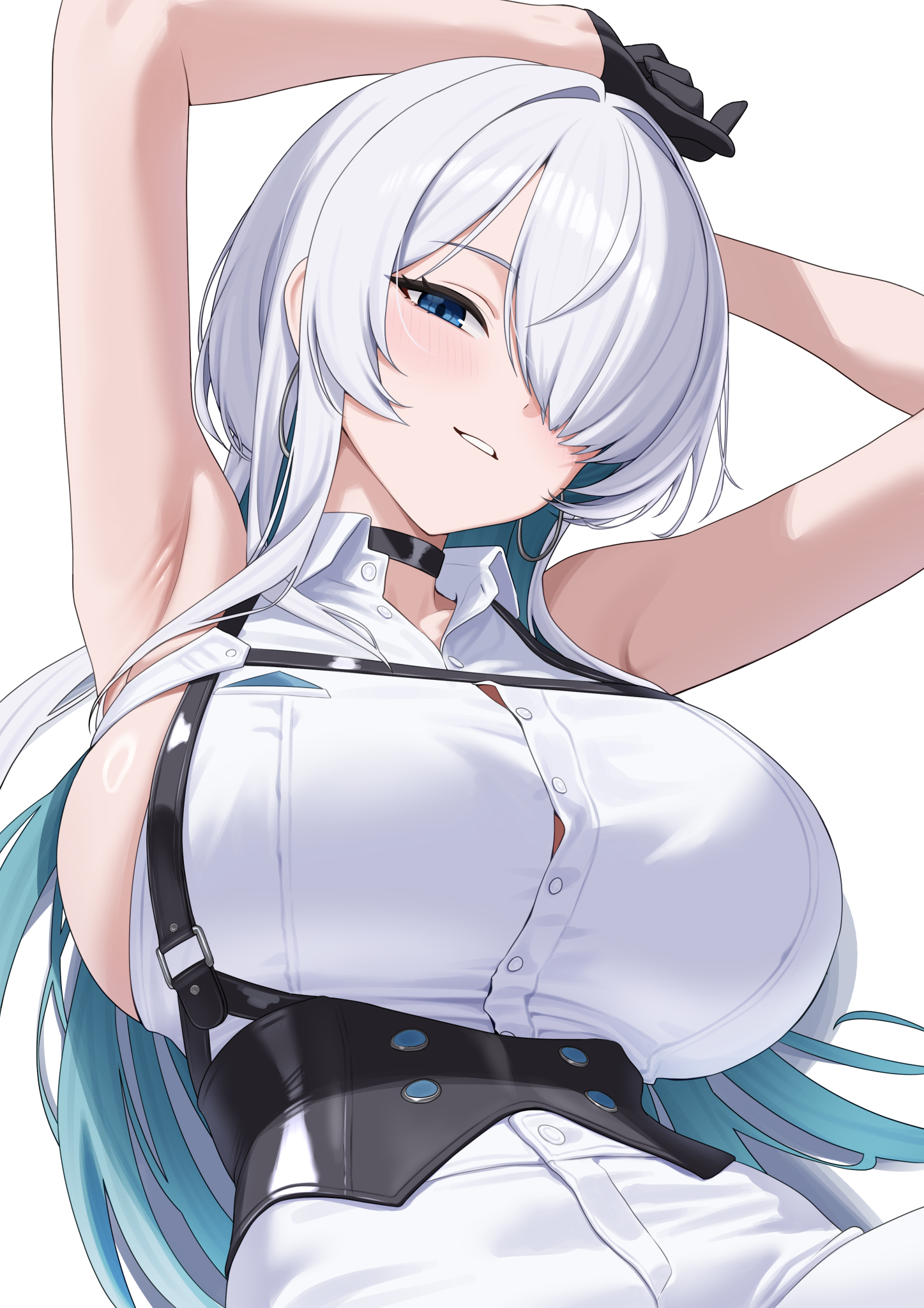 xi oshir1, brid (nikke), brid (silent track) (nikke), goddess of victory: nikke, commentary, highres, paid reward available, 1girl, aqua hair, armpits, arms up, bare shoulders, black choker, black corset, blue eyes, breasts, button gap, chest harness, choker, collared shirt, colored inner hair, corset, cowboy shot, earrings, floating earrings, gloves, grey hair, hair between eyes, hair down, hair over one eye, half gloves, harness, high-waist pants, jewelry, large breasts, long hair, looking at viewer, multicolored hair, official alternate costume, official alternate hairstyle, pants, parted lips, shirt, sideboob, sideless shirt, sidelocks, simple background, sitting, sleeveless, sleeveless shirt, smile, solo, tight clothes, tight pants, two-tone hair, white background, white pants, white shirt