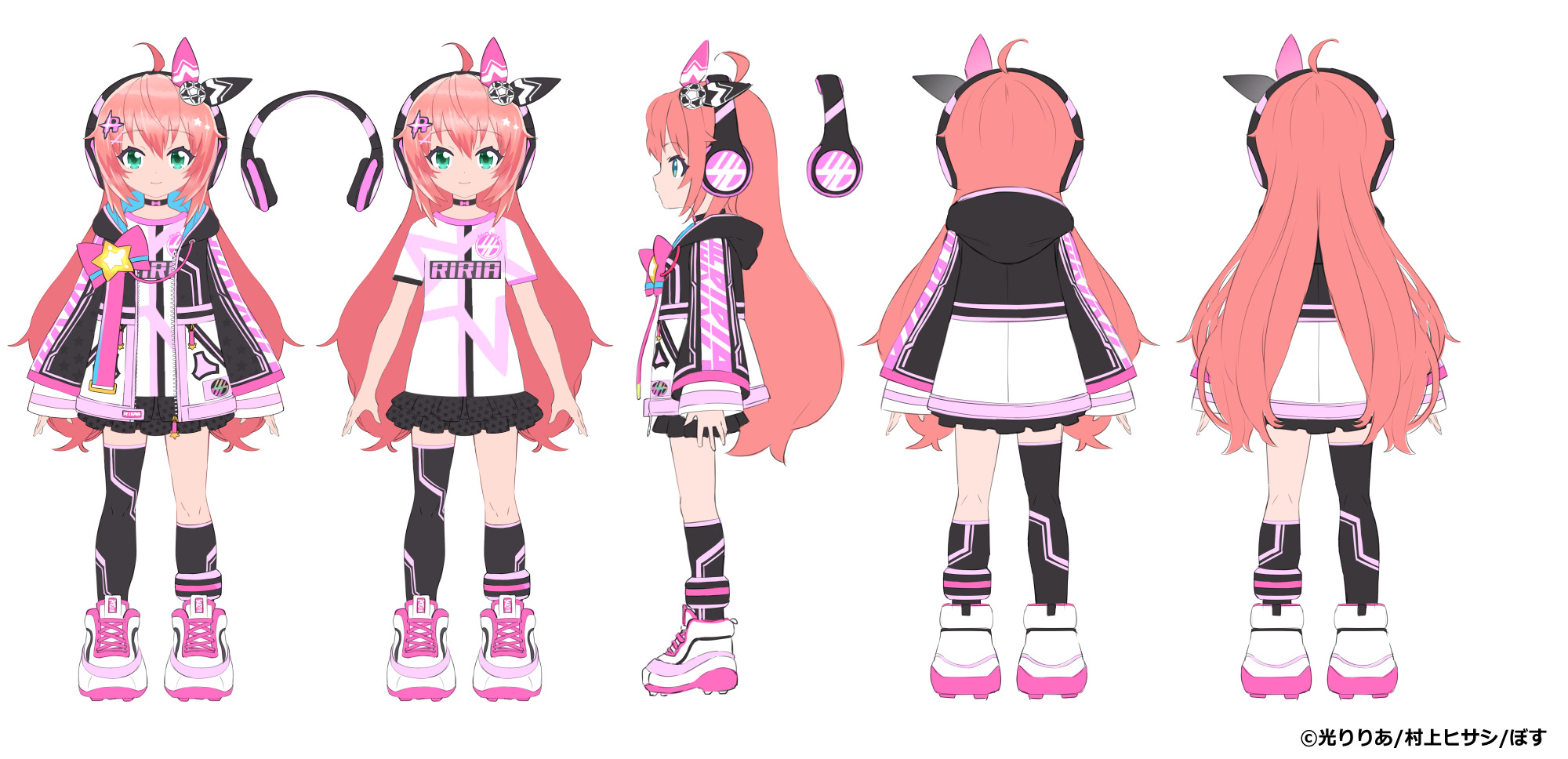 murakami hisashi, indie virtual youtuber, highres, official art, 1girl, ahoge, aqua eyes, aqua jacket, black choker, black jacket, black shirt, black skirt, black socks, bow, choker, closed mouth, copyright notice, facing away, hair between eyes, hair bow, hair ornament, headphones, hikari riria, jacket, jacket bow, kneehighs, long hair, multicolored jacket, multicolored shirt, multicolored shoes, multicolored socks, multicolored thighhighs, multiple views, open clothes, open jacket, pink bow, pink hair, pink jacket, pink shirt, pink shoes, pink socks, print shirt, profile, reference sheet, shirt, shoes, single kneehigh, single sock, single thighhigh, skirt, socks, star (symbol), thighhighs, virtual youtuber, white background, white jacket, white shirt, white shoes