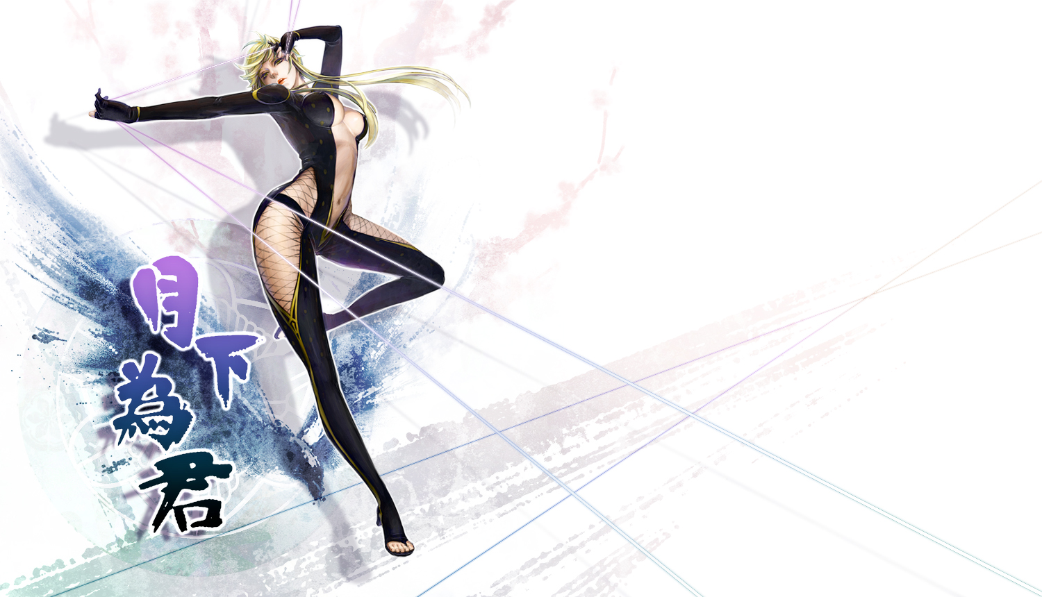 namakura shiki, kasuga (sengoku basara), sengoku basara, 00s, 1girl, arched back, arm up, armor, blonde hair, bodysuit, breasts, center opening, cleavage, clothing cutout, female focus, fighting stance, fingerless gloves, fishnets, foreshortening, gloves, head tilt, high heels, holding, leg lift, lipstick, long hair, looking at viewer, makeup, medium breasts, midriff, navel, ninja, no bra, open mouth, outstretched arm, pauldrons, polka dot, shadow, shoes, shoulder armor, side cutout, sidelocks, solo, standing, standing on one leg, swept bangs, toeless legwear, toes, underboob, weapon, wire, yellow eyes