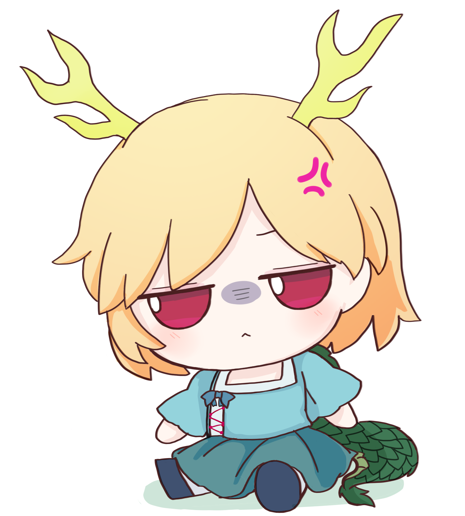 azuma meri, kicchou yachie, touhou, commentary request, highres, 1girl, anger vein, antlers, blonde hair, blue shirt, blue skirt, chibi, dragon girl, dragon horns, dragon tail, fumo (doll), horns, shirt, short hair, simple background, skirt, solo, tail, turtle shell, white background
