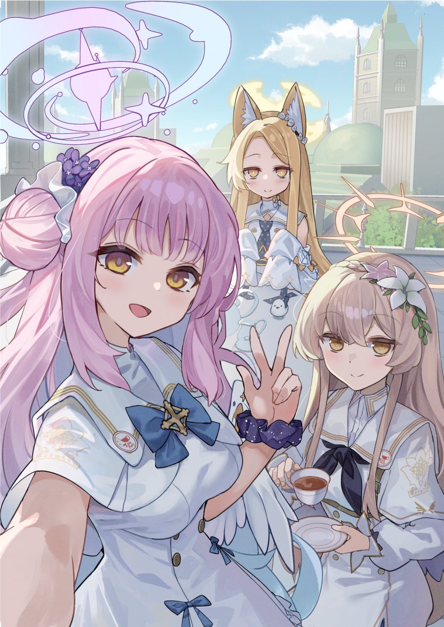 hopepe, mika (blue archive), nagisa (blue archive), seia (blue archive), blue archive, commentary request, highres, 3girls, angel wings, animal ear fluff, animal ears, aqua hair, black neckerchief, blonde hair, blue bow, blush, bow, breasts, brown eyes, brown hair, buttons, closed mouth, cup, detached sleeves, dress, feathered wings, flower, fox ears, fox girl, gold trim, gradient hair, hair bow, hair bun, hair flower, hair ornament, halo, holding, holding cup, long hair, long sleeves, looking at another, looking at viewer, low wings, medium breasts, multicolored hair, multiple girls, neckerchief, open mouth, outdoors, pink hair, pink halo, red halo, scrunchie, single hair bun, single side bun, sleeveless, sleeveless dress, smile, tea party (blue archive), very long hair, white bow, white dress, white flower, white wings, wide sleeves, wings, wrist scrunchie, yellow eyes, yellow halo