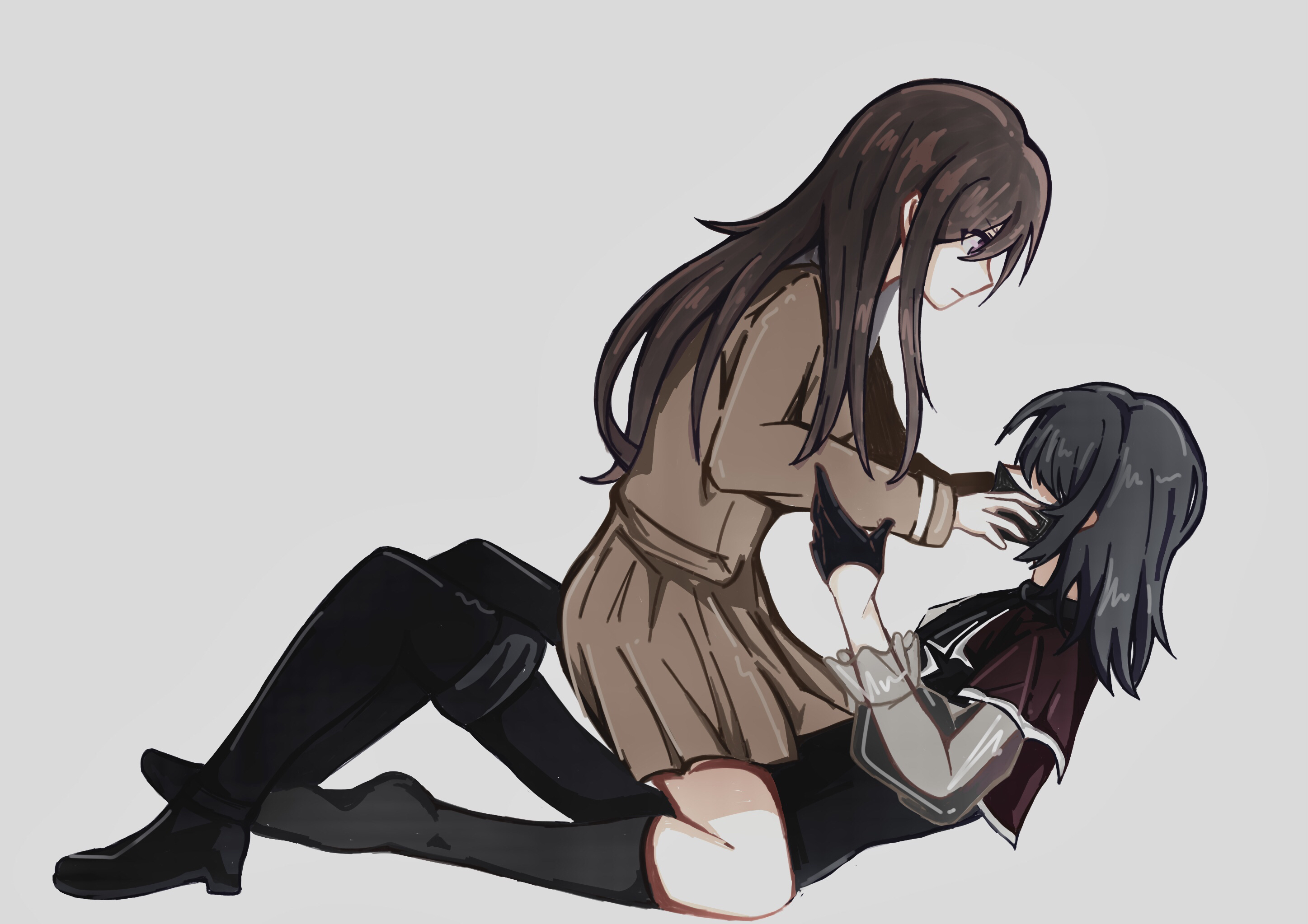 shiina taki, timoris (bang dream!), yahata umiri, bang dream!, bang dream! it's mygo!!!!!, chinese commentary, commentary request, highres, 2girls, black boots, black gloves, black hair, black mask, black vest, boots, brown dress, brown hair, candy yu, capelet, dress, gloves, grey background, hand up, long hair, long sleeves, mask, medium hair, mouth mask, multiple girls, pleated skirt, purple eyes, red capelet, sidelocks, simple background, skirt, straddling, thighhighs, vest, yuri