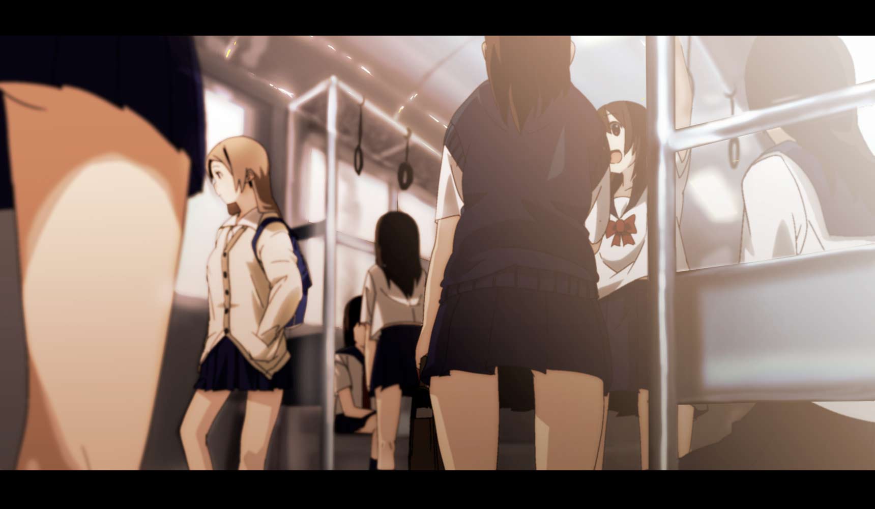 yasuo1234, light, bad id, bad pixiv id, commentary, highres, 6+girls, arms up, ass, backpack, bag, black eyes, black hair, blurry, bow, brown hair, depth of field, hands in pockets, letterboxed, long hair, multiple girls, open mouth, randoseru, school uniform, serafuku, sitting, skirt, standing, sweater vest, train, train interior