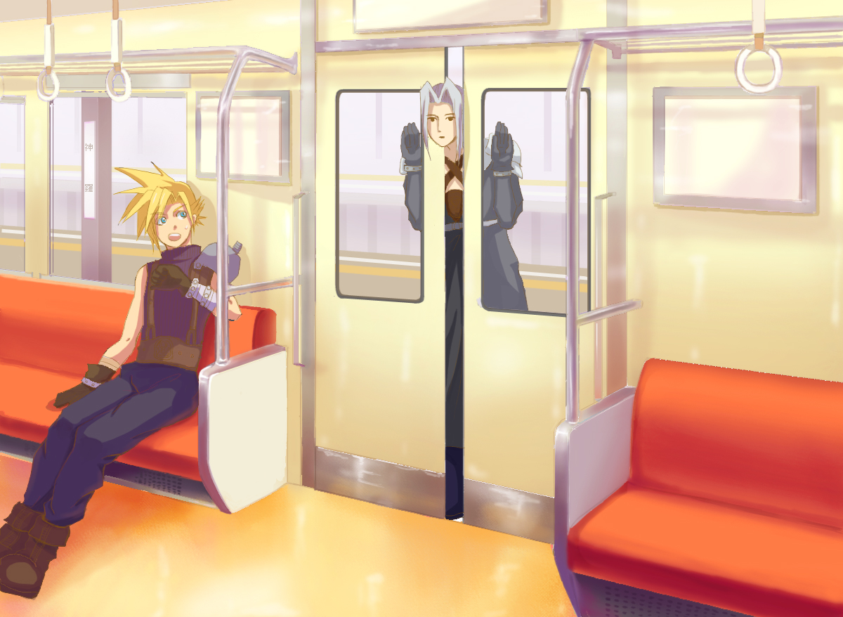 mafu (pixiv4163441), cloud strife, sephiroth, final fantasy, final fantasy vii, commentary, 1990s (style), 2boys, male focus, multiple boys, oekaki, retro artstyle, stuck, train, train interior, train station