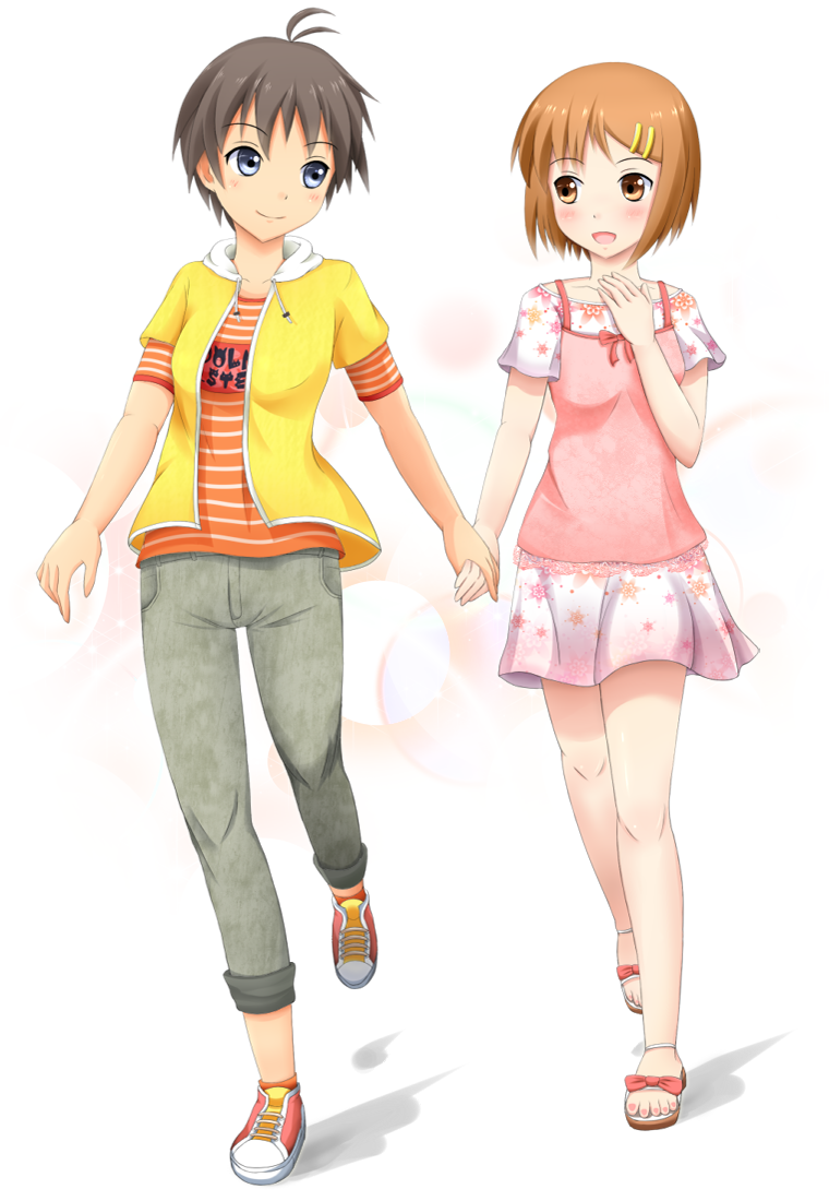 kinayuu, hagiwara yukiho, kikuchi makoto, idolmaster, idolmaster (classic), bad id, bad pixiv id, 00s, 2girls, antenna hair, black hair, blue eyes, blush, brown eyes, brown hair, casual, denim, eye contact, hair ornament, hairclip, holding hands, hood, hoodie, jeans, looking at another, multiple girls, pants, sandals, shoes, skirt, smile, sneakers, tomboy, walking