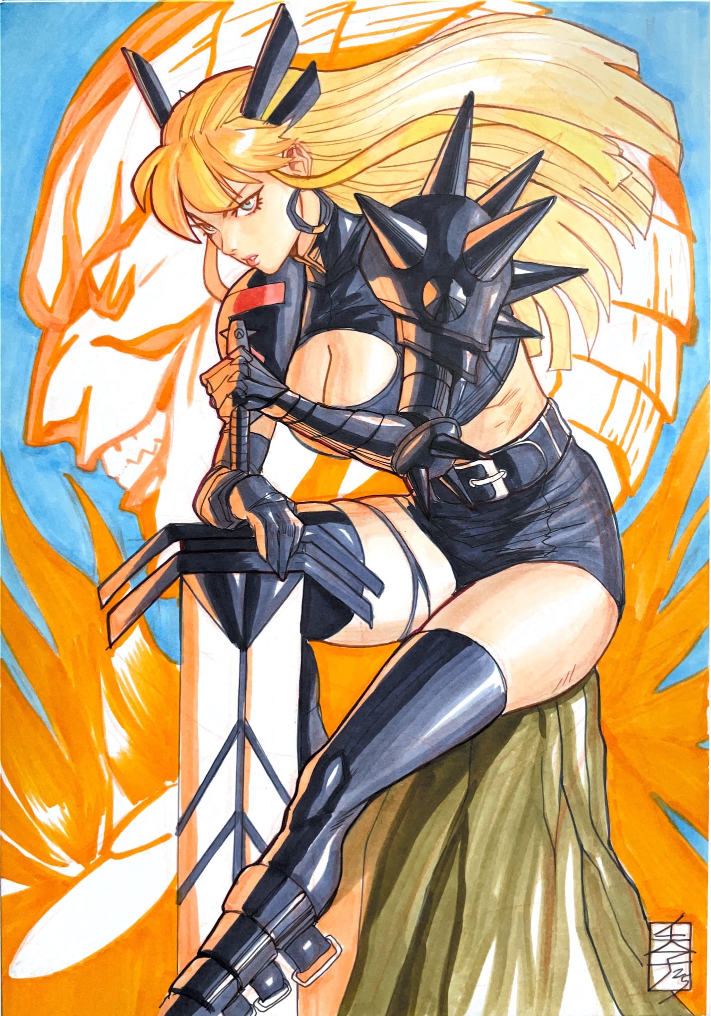 acecore2k, darkchylde, magik (x-men), marvel, x-men, commentary, english commentary, highres, marker (medium), pen (medium), traditional media, 1girl, armor, black boots, black gloves, black shorts, black thighhighs, blonde hair, blue eyes, boots, breasts, cleavage, cleavage cutout, clothing cutout, demon girl, dual persona, earrings, elbow pads, gloves, glowing, glowing sword, glowing weapon, grin, holding, holding sword, holding weapon, horns, jewelry, looking to the side, medium breasts, pauldrons, planted, planted sword, planted weapon, shorts, shoulder armor, signature, single elbow pad, sitting, skull, smile, spiked pauldrons, spikes, sword, thighhighs, weapon, white background