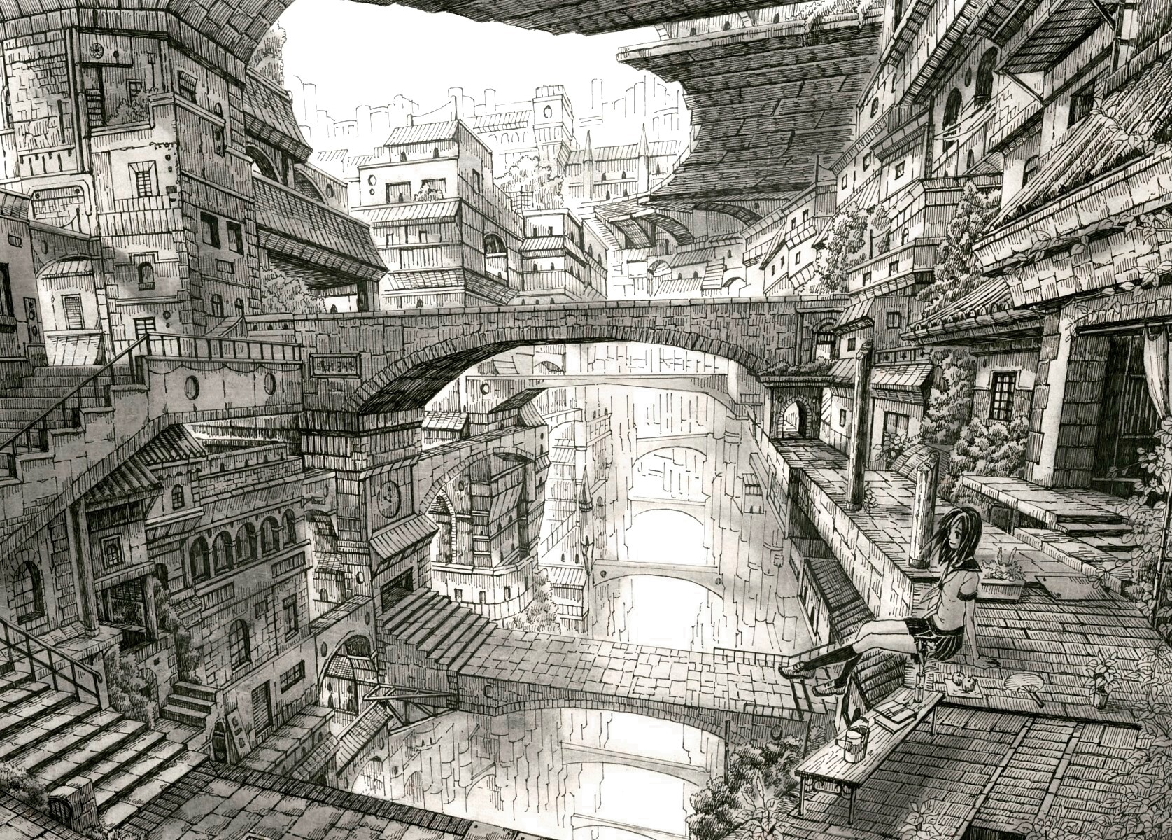 mita mitauzo, original, bad id, bad pixiv id, highres, traditional media, absurdly detailed composition, bridge, cityscape, complex exterior, grand scale, greyscale, monochrome, scenery