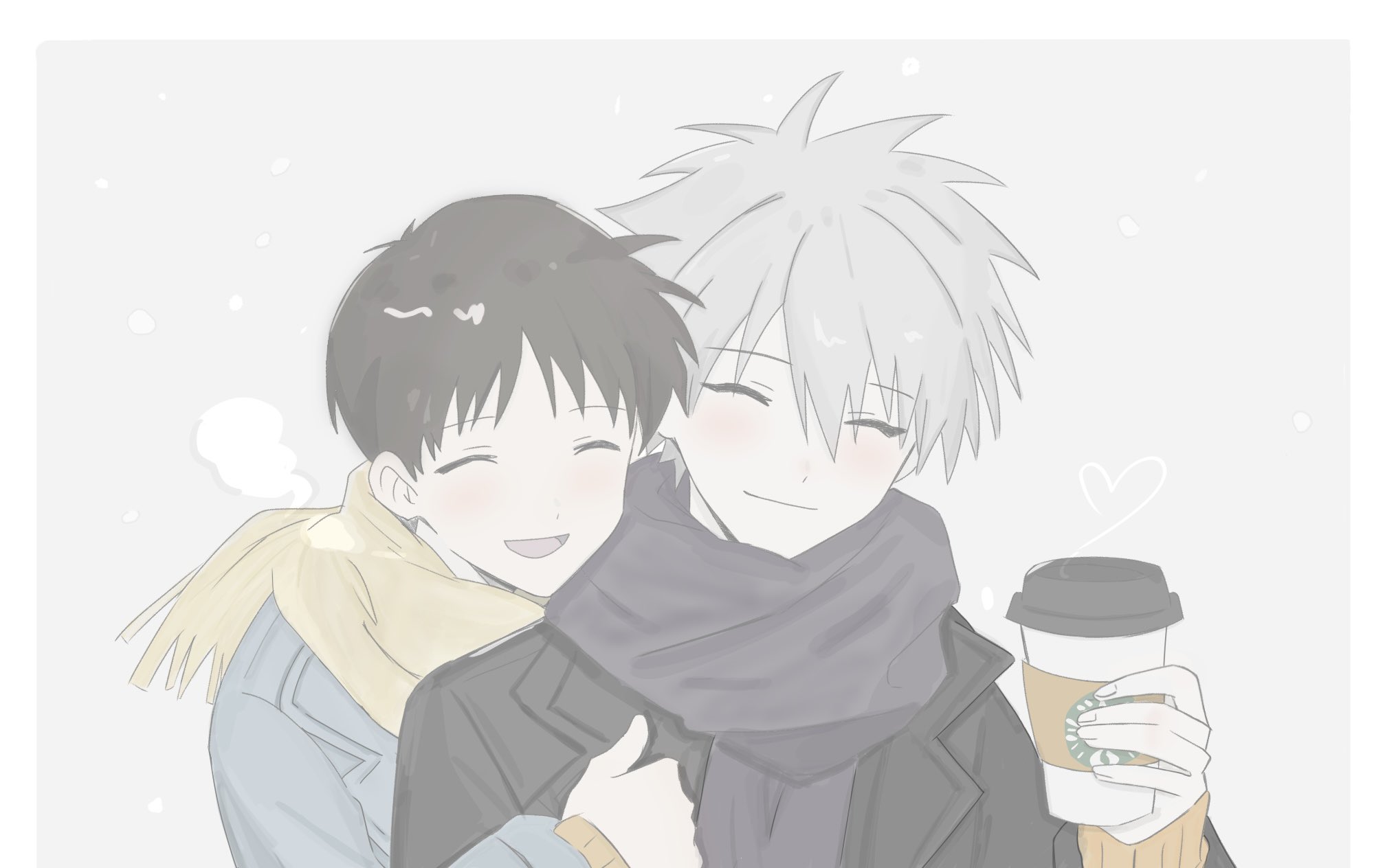 ikari shinji, nagisa kaworu, neon genesis evangelion, commentary request, highres, 2boys, black hair, black scarf, border, breath, closed eyes, closed mouth, couple, cup, disposable coffee cup, disposable cup, grey background, grey hair, hair between eyes, happy, heart, holding, holding cup, hug, hug from behind, jacket, male focus, multiple boys, oio 127, scarf, short hair, simple background, smile, white border, winter clothes, yaoi, yellow scarf