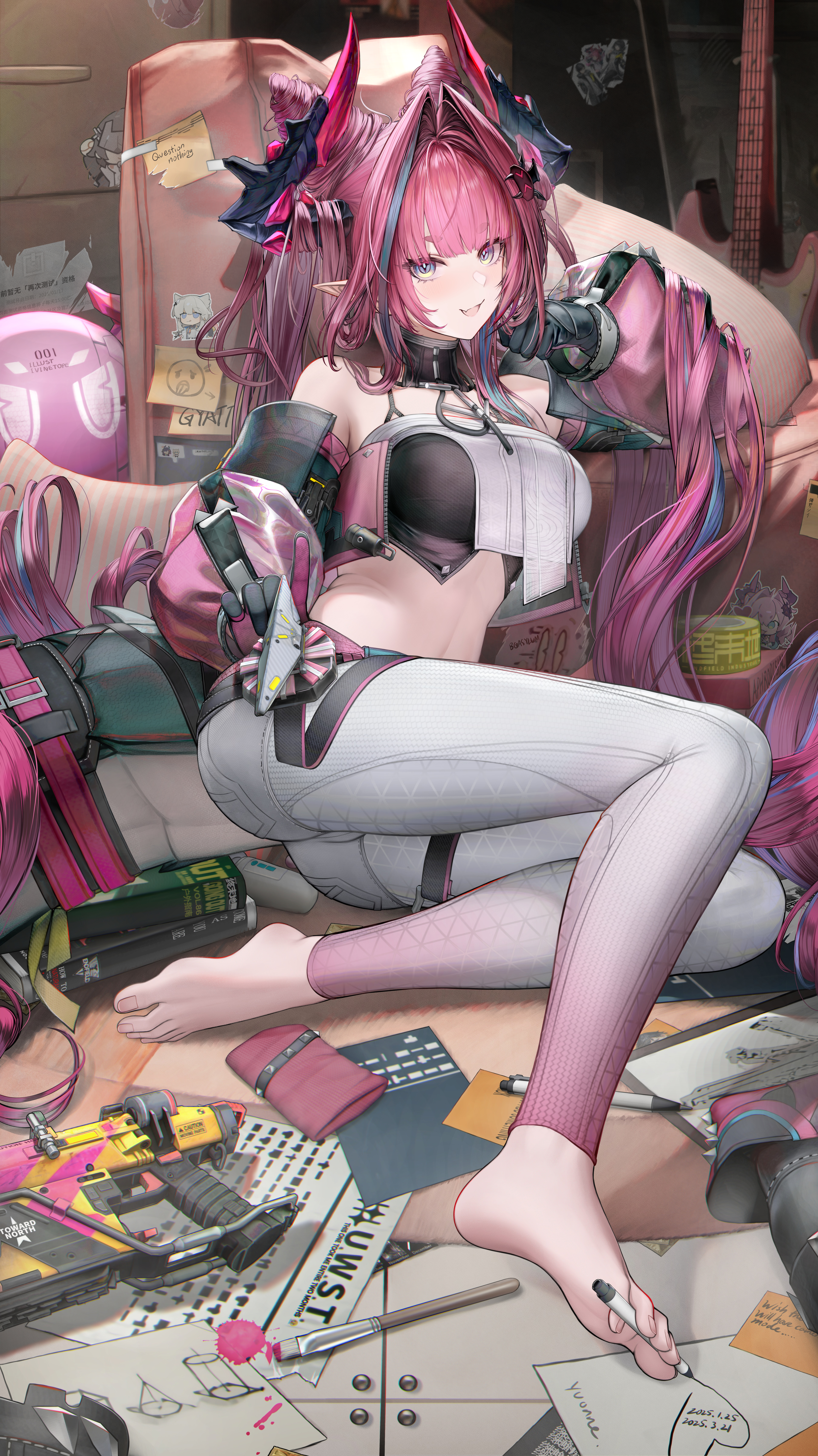 nopetroto, yvonne (arknights), arknights, arknights: endfield, absurdres, commentary, english commentary, highres, revision, + +, 1girl, ass, bandeau, bare shoulders, barefoot, black bandeau, black gloves, black horns, breasts, cone hair bun, crop top, demon girl, demon horns, detached sleeves, diamond in eye, fang, feet, gloves, hair bun, hair intakes, hair on horn, horns, large breasts, marker, midriff, multicolored gloves, multicolored horns, navel, pants, paper, pink gloves, pink hair, pink horns, pink sleeves, pink tube top, pointy ears, see-through clothes, see-through sleeves, skin fang, smile, solo, stomach, strapless, toes, tube top, two-tone gloves, two-tone horns, white pants