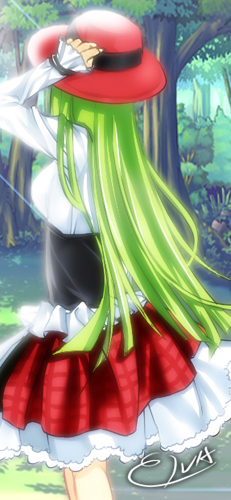 meimi k, c.c., code geass, lowres, 00s, 1girl, dress, female focus, forest, green hair, nature, outdoors, solo