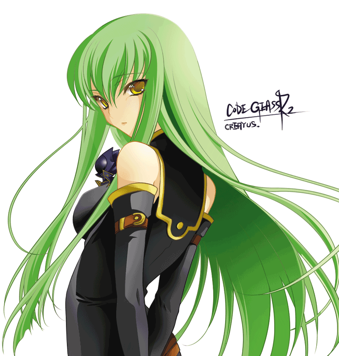 creayus, pleiades, c.c., zero (code geass), code geass, 00s, 1girl, animal ears, bare shoulders, chibi, detached sleeves, green hair, long hair, solo focus, tail, yellow eyes
