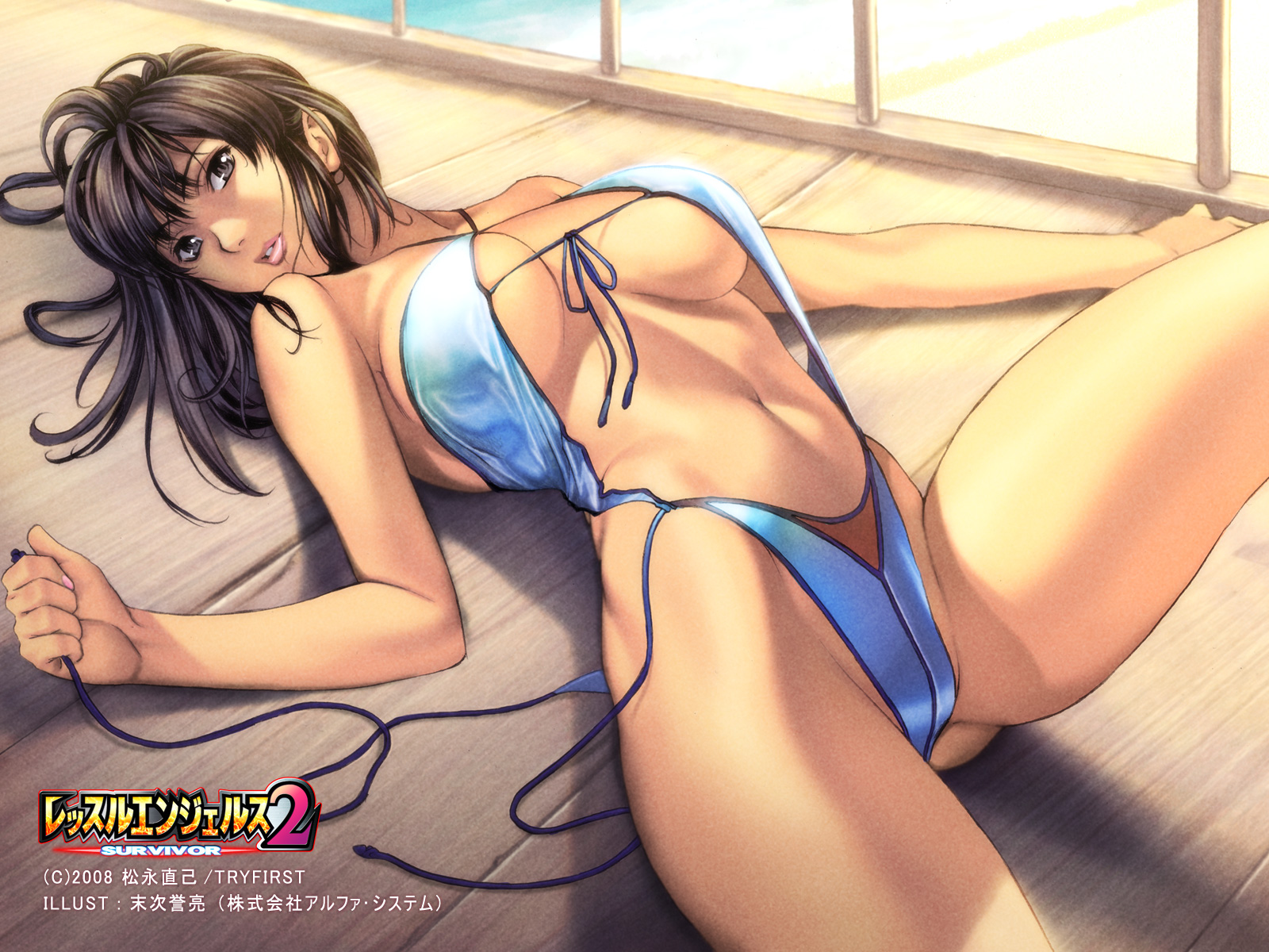 homare (fool's art), minami toshimi, wrestle angels, wrestle angels survivor, wrestle angels survivor 2, highres, 1girl, bikini, black hair, breasts, brown hair, cleavage, female focus, grey eyes, large breasts, lips, lipstick, lying, makeup, nail polish, navel, pink nails, slingshot swimsuit, solo, string bikini, swimsuit