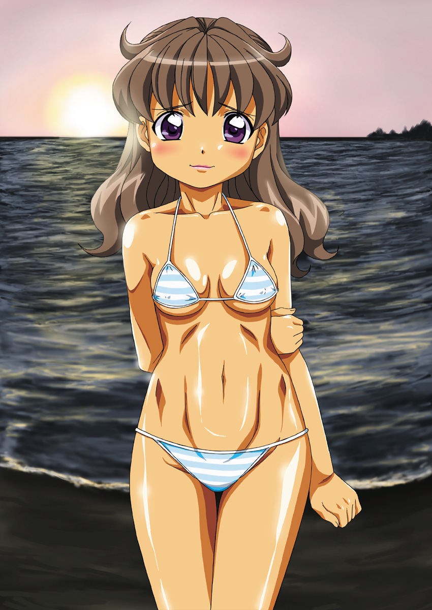ankoku tiger, original, highres, 1girl, beach, bikini, blush, brown hair, female focus, long hair, purple eyes, solo, striped bikini, striped clothes, sunset, swimsuit, tan