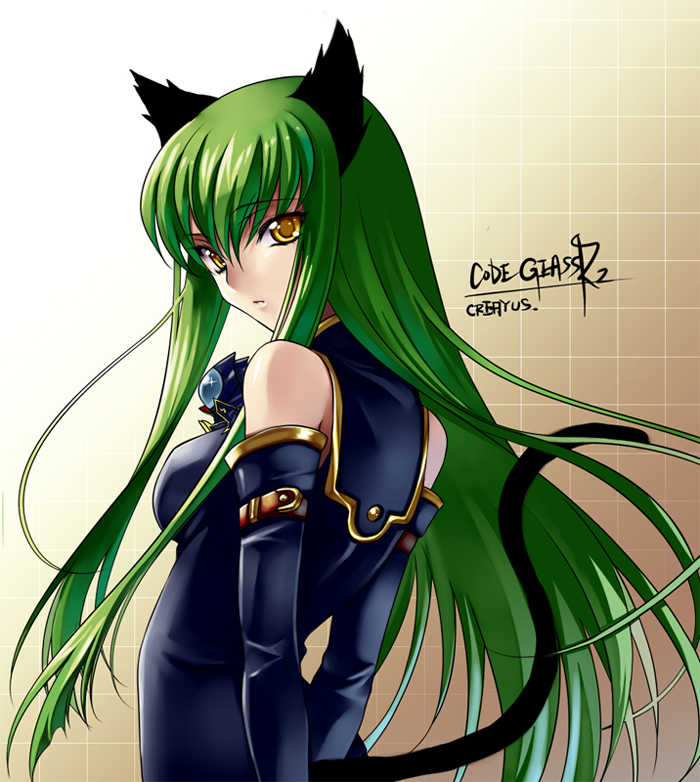 creayus, michi jin hinoto, c.c., zero (code geass), code geass, artist collaboration, 00s, 1girl, animal ears, breasts, cat ears, cat girl, cat tail, chibi, female focus, green hair, long hair, solo, tail, yellow eyes