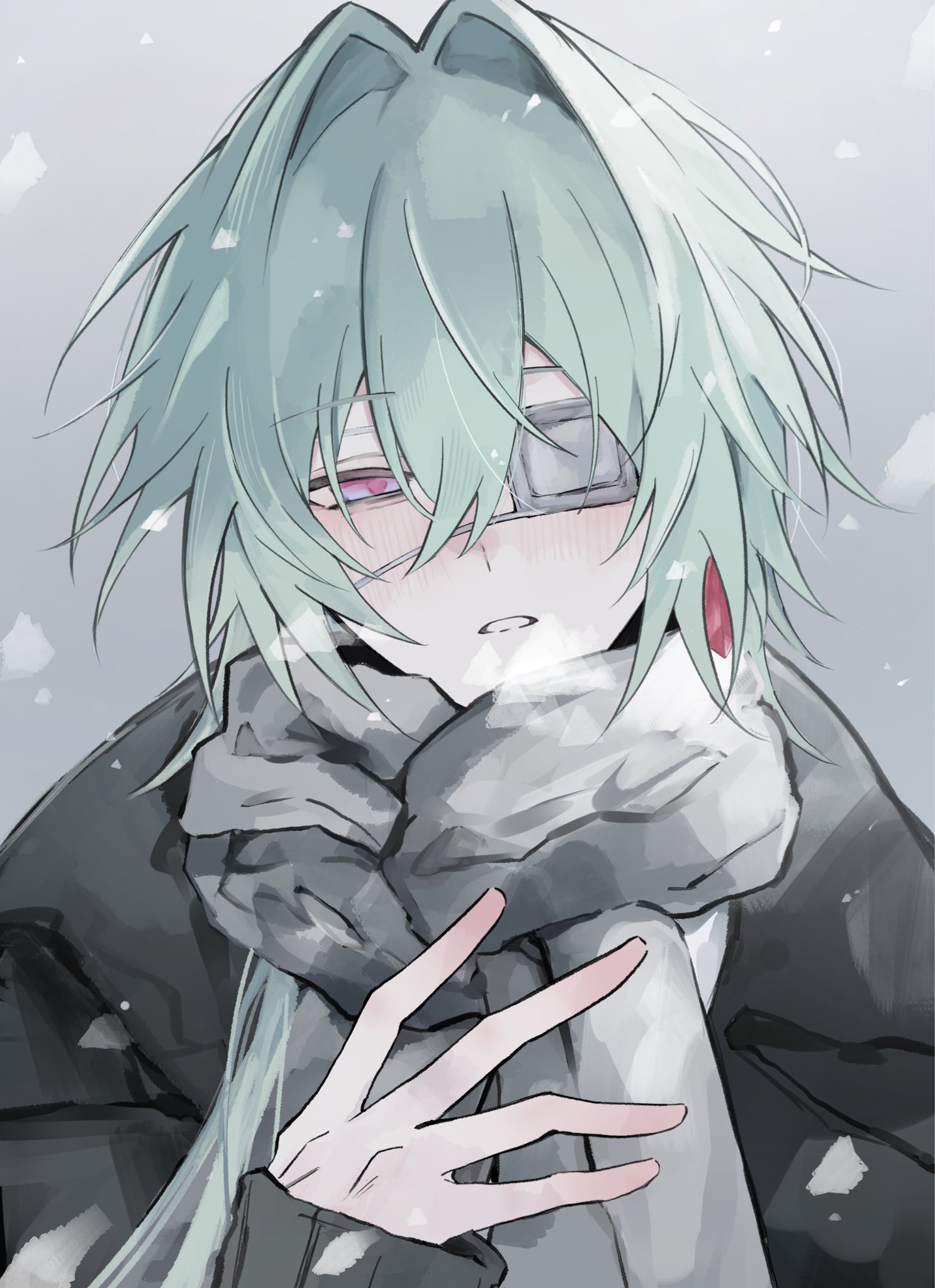 iota 1600, anaxa (honkai: star rail), honkai: star rail, honkai (series), highres, 1boy, alternate costume, aqua eyes, black coat, blue eyes, coat, grey background, grey scarf, hair between eyes, hair intakes, half-closed eyes, hand up, long hair, looking at viewer, male focus, messy hair, multicolored eyes, parted lips, pink eyes, pink pupils, scarf, solo, teeth, two-tone eyes
