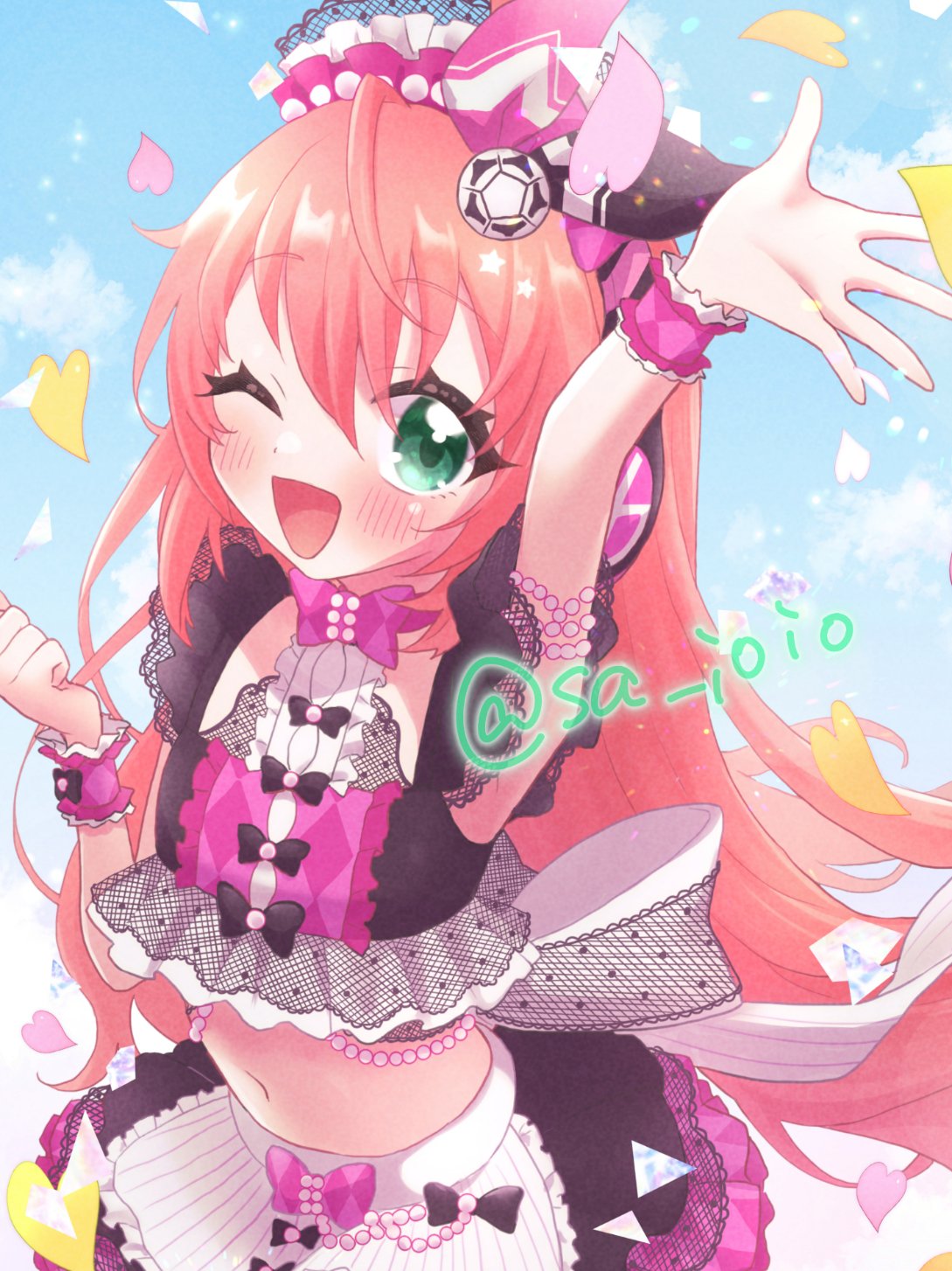 sa ioio, indie virtual youtuber, highres, official art, 1girl, ahoge, aqua eyes, arm up, black choker, black shirt, black skirt, bow, choker, copyright notice, hair between eyes, hair bow, hair ornament, headphones, hikari riria, jacket bow, long hair, midriff, multicolored shirt, one eye closed, open mouth, pink bow, pink hair, pink petals, pink shirt, shirt, skirt, solo, star (symbol), twitter username, virtual youtuber, white shirt, yellow petals