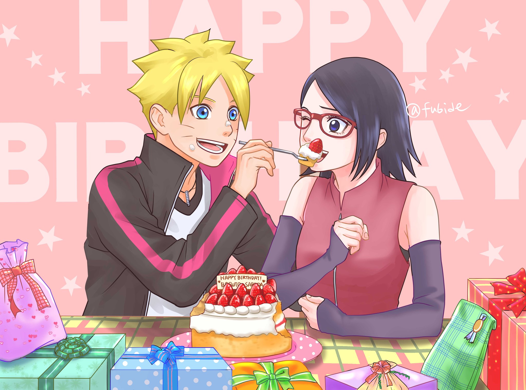 matsu (fu6ide2), uchiha sarada, uzumaki boruto, boruto: naruto next generations, naruto (series), commentary request, highres, 1boy, 1girl, birthday cake, black hair, black jacket, blonde hair, blue eyes, box, cake, detached sleeves, facial mark, feeding, food, food on face, fork, fruit, gift, gift box, happy birthday, holding, holding fork, jacket, jewelry, medium hair, necklace, one eye closed, open mouth, pink background, plate, red-framed eyewear, sleeves past wrists, smile, star (symbol), strawberry, twitter username, whisker markings