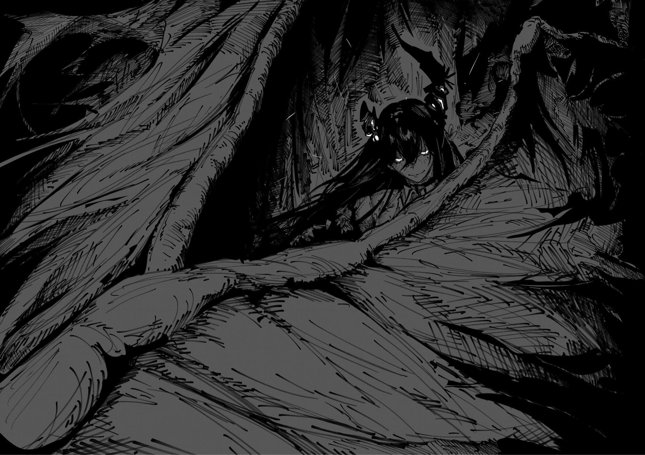 harutimu, nerissa ravencroft, nerissa ravencroft (1st costume), hololive, hololive english, commentary, english commentary, highres, 1girl, asymmetrical horns, closed mouth, collared shirt, demon horns, feathered wings, floating hair, greyscale, hair between eyes, horns, long hair, looking at viewer, monochrome, oversized wings, shirt, smile, solo, uneven horns, virtual youtuber, wings