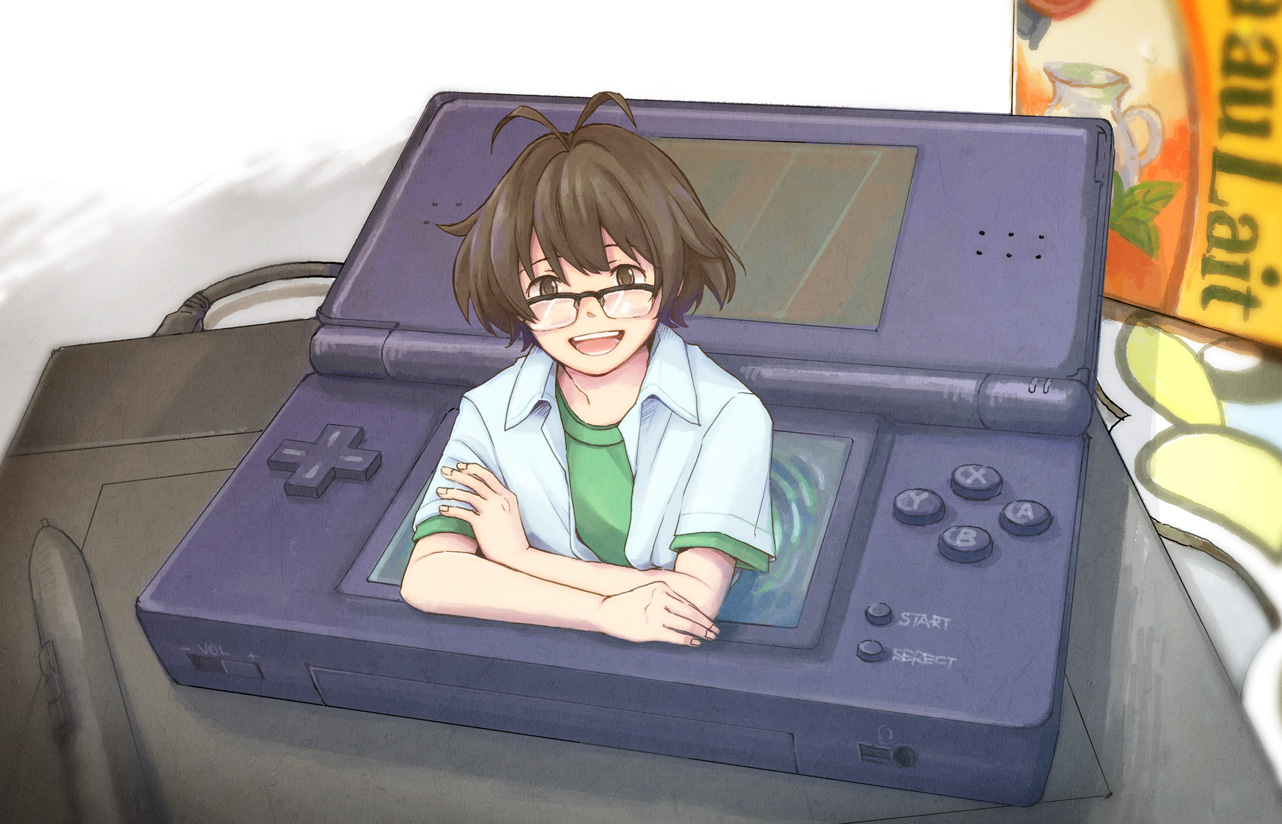 nogoodlife, akizuki ryo, idolmaster, idolmaster dearly stars, nintendo, 00s, 1boy, androgynous, antenna hair, brown eyes, brown hair, crossed arms, glasses, handheld game console, male focus, mini person, miniboy, nintendo ds, open mouth, oversized object, smile, solo, stylus, through medium, through screen