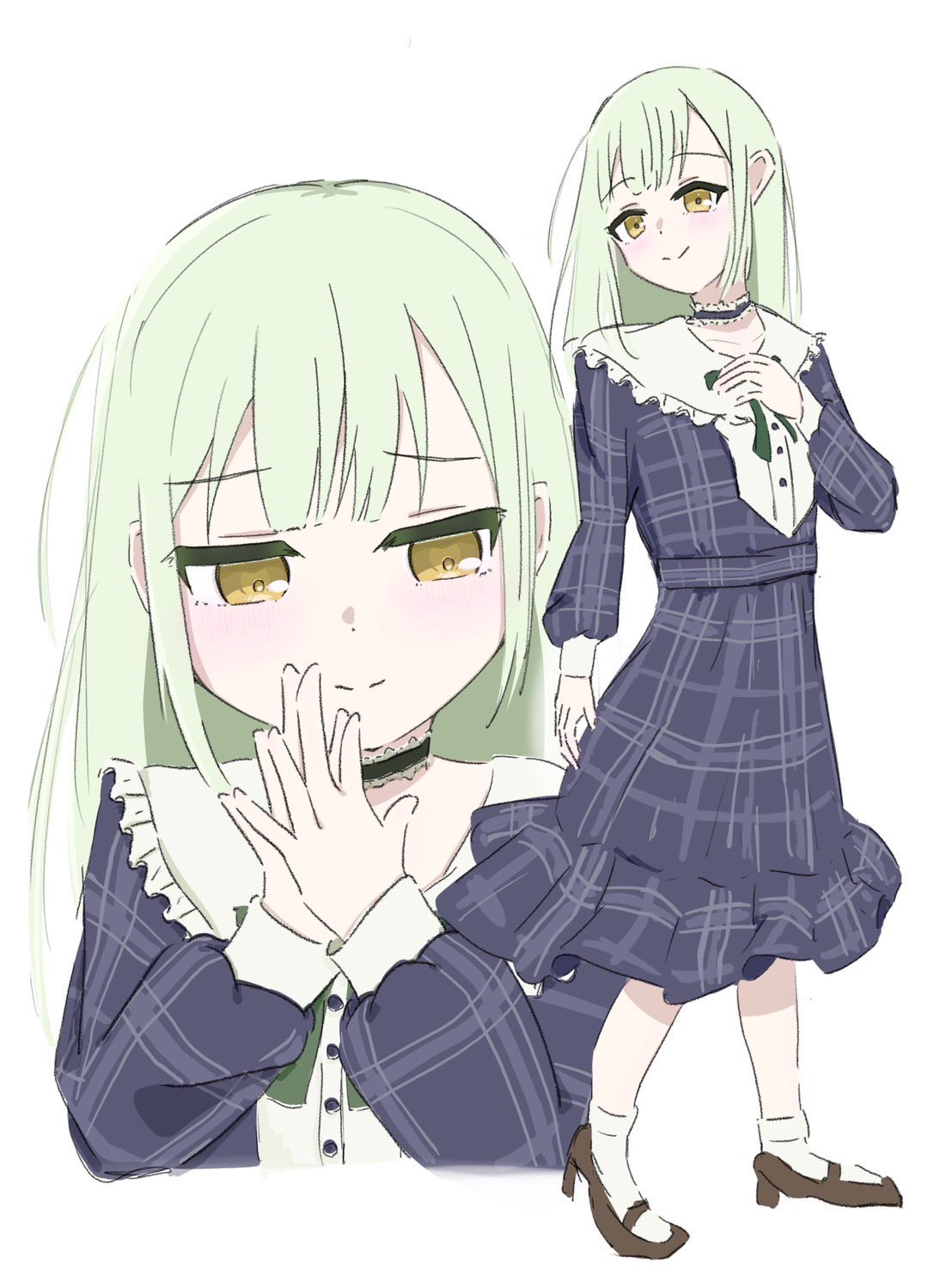 wakaba mutsumi, bang dream!, bang dream! it's mygo!!!!!, commentary, highres, 1girl, black choker, blue eyes, choker, dress, frilled choker, frills, full body, green hair, long hair, melty lubll, multiple views, plaid clothes, plaid dress, simple background, socks, white background, white socks, yellow eyes