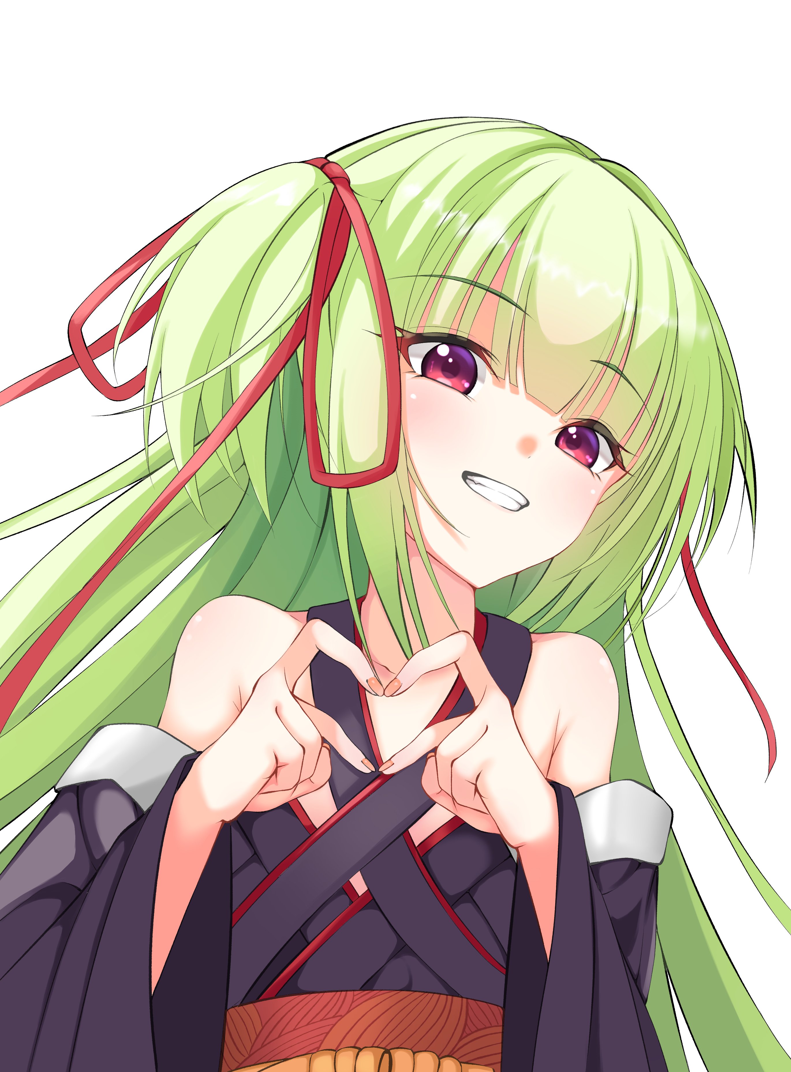 uoouchan, murasame (senren), senren banka, absurdres, hashtag-only commentary, highres, 1girl, :d, armpit crease, bare shoulders, black kimono, blunt bangs, blush, breasts, comiket 107, criss-cross halter, eyelashes, eyes visible through hair, fingernails, four-finger heart hands, green hair, grin, hair ribbon, halterneck, hands up, happy, heart, heart hands, japanese clothes, kimono, long hair, long ribbon, long sleeves, looking at viewer, open mouth, red eyes, red ribbon, red sash, ribbon, sash, sidelocks, simple background, small breasts, smile, solo, straight hair, tsurime, two side up, upper body, very long hair, white background, wide sleeves