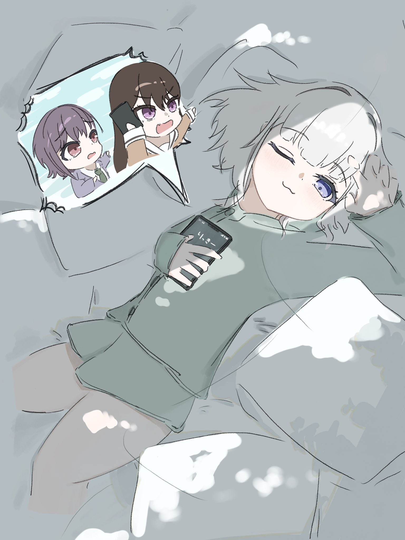 kaname raana, shiina taki, takamatsu tomori, bang dream!, bang dream! it's mygo!!!!!, commentary request, highres, 3girls, :3, blue eyes, brown eyes, grey hair, hanasakigawa school uniform, haneoka school uniform, long hair, melty lubll, multiple girls, one eye closed, open mouth, pajamas, purple eyes, school uniform, talking on phone, white hair