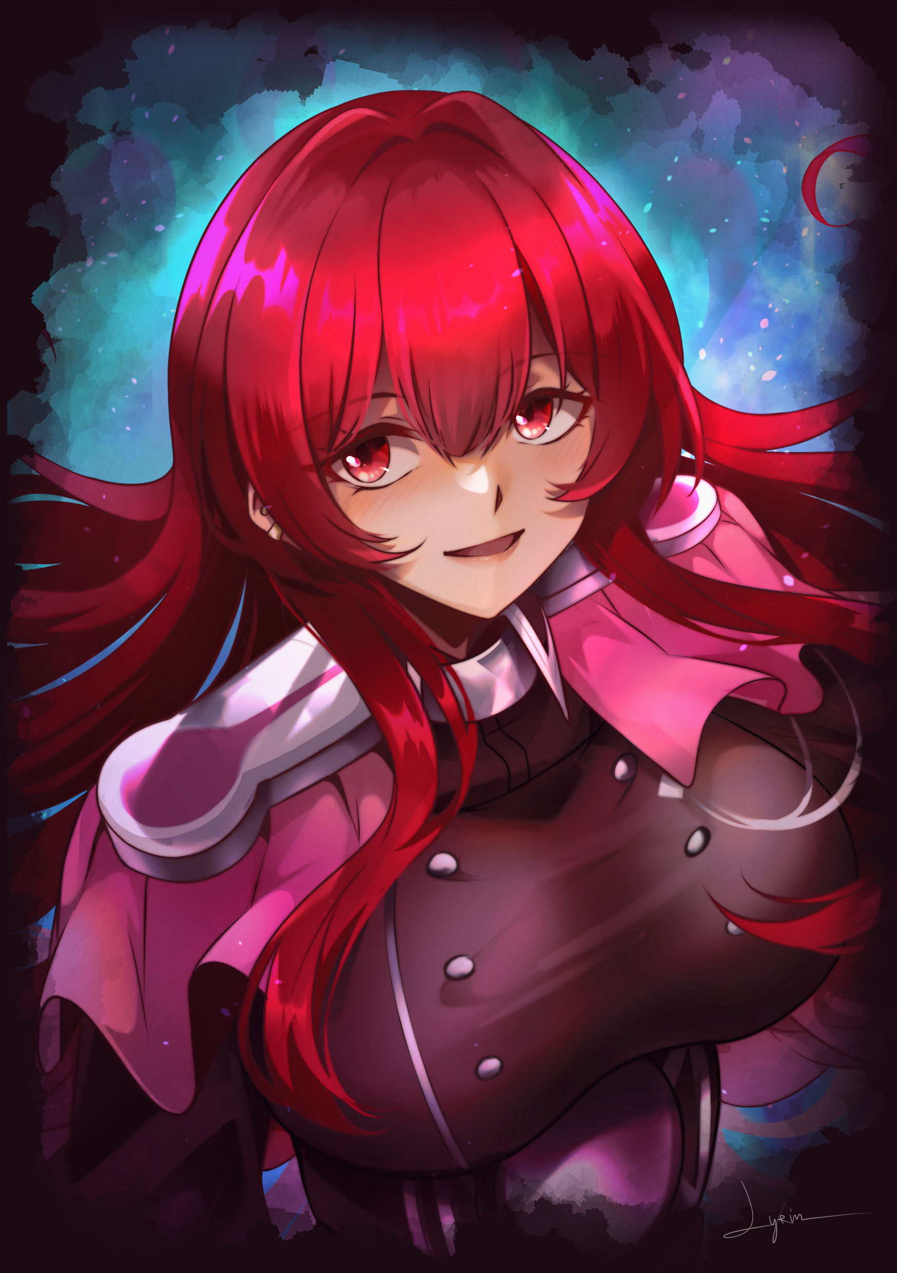 lyrin (haireirei), yu-gi-oh!, absurdres, character request, highres, 1girl, black jacket, blue background, breasts, capelet, duel monster, jacket, large breasts, long hair, parted lips, pink capelet, red eyes, red hair, smile, solo, upper body