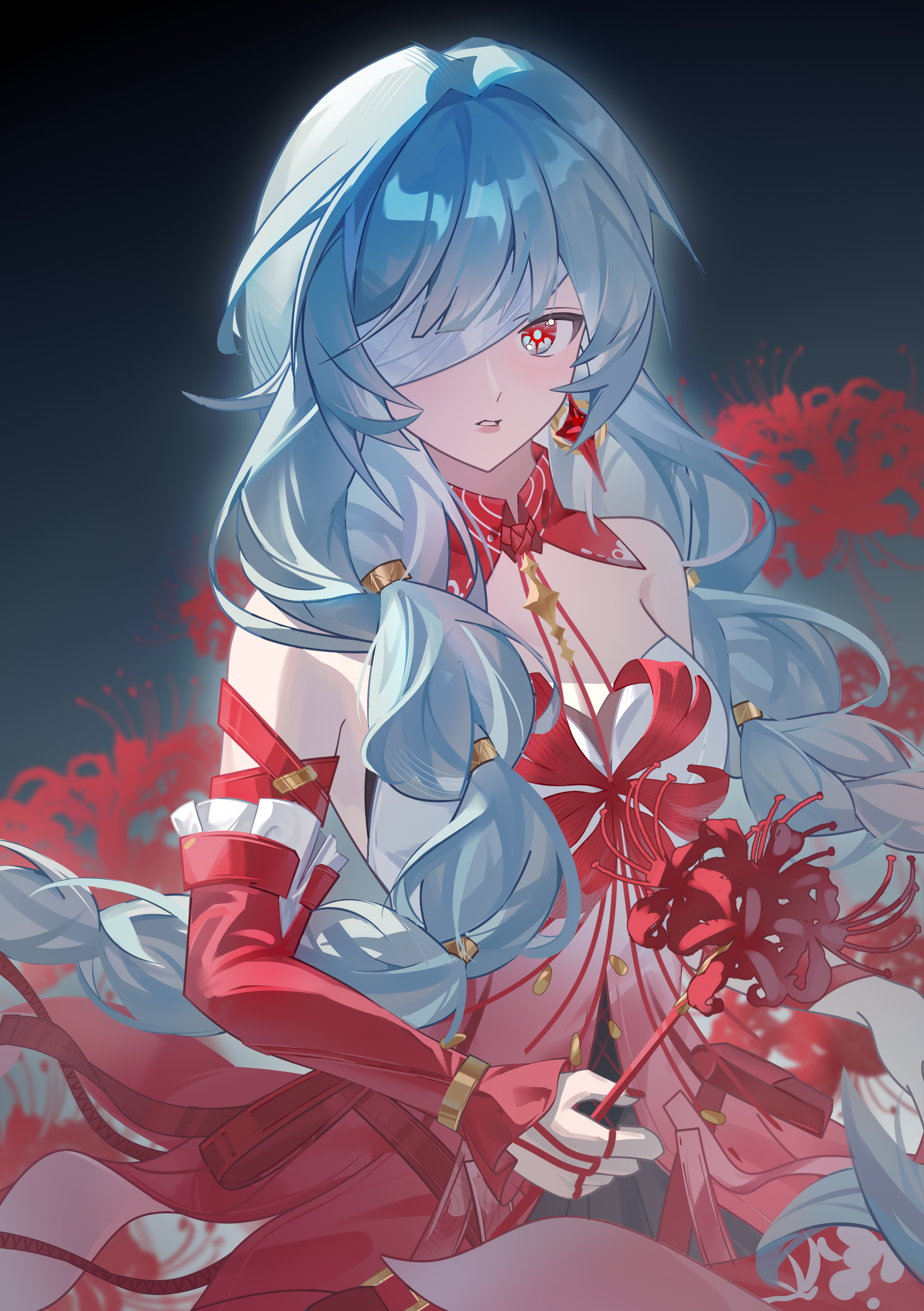 phrolova (wuthering waves), wuthering waves, absurdres, chinese commentary, commentary request, highres, 1girl, bandage over one eye, bare shoulders, black skirt, breasts, detached sleeves, dress, earrings, fingernails, flower, grey background, grey eyes, grey hair, halter dress, halterneck, holding, holding flower, jewelry, long hair, looking at viewer, medium breasts, nail polish, parted lips, red dress, red nails, single detached sleeve, skirt, solo, spider lily, xie xi (mihuashi 1563356)